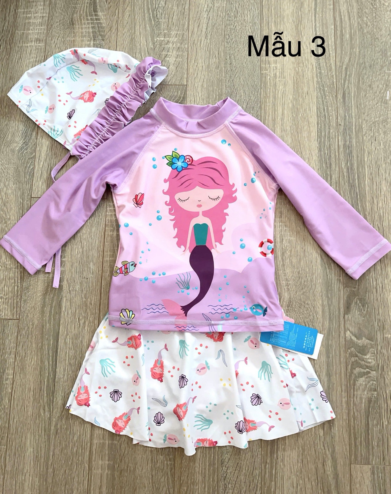 Bộ bơi 3ct kèm mũ hoạ tiết tiên cá nhiều màu cho bé gái size 90-140