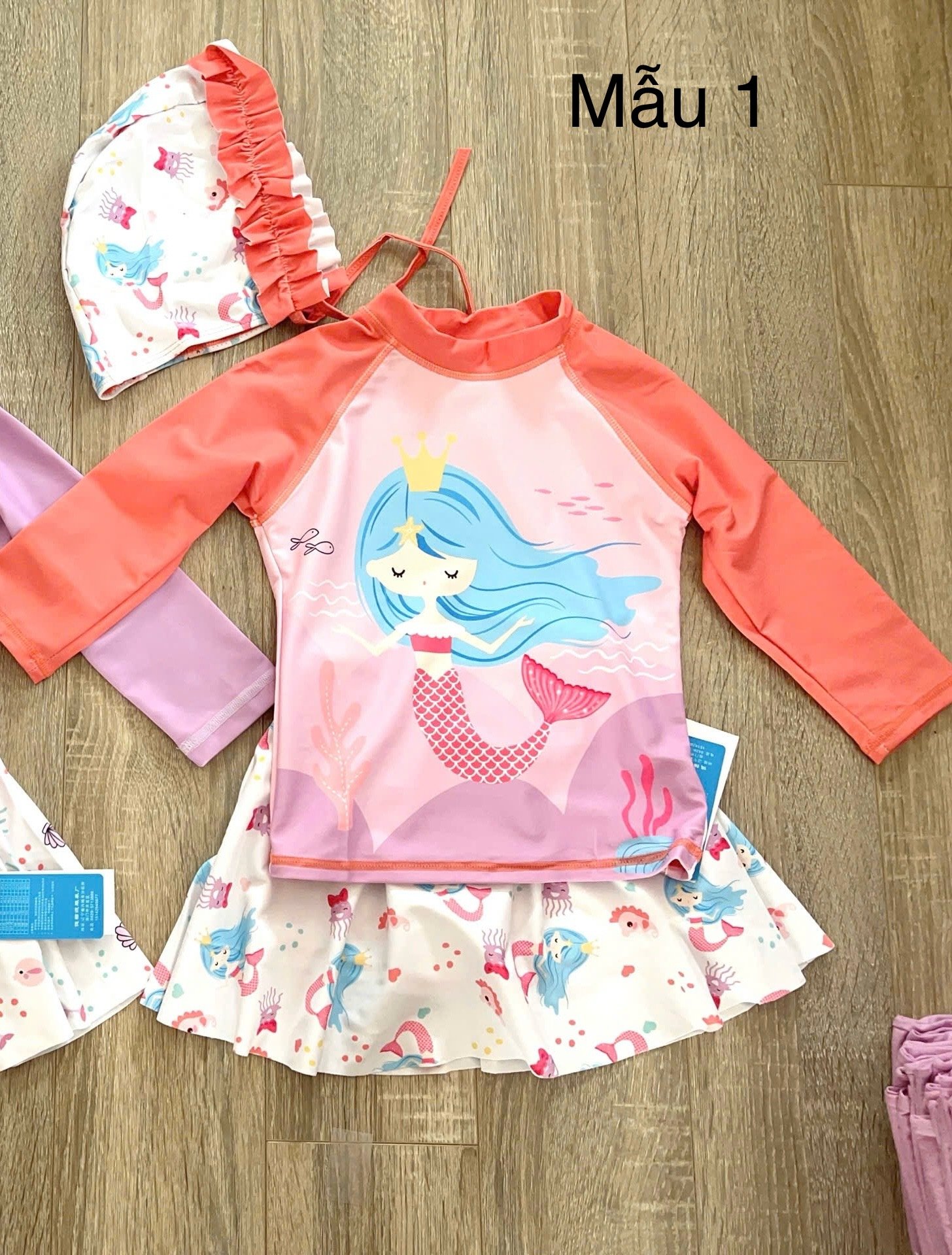 Bộ bơi 3ct kèm mũ hoạ tiết tiên cá nhiều màu cho bé gái size 90-140