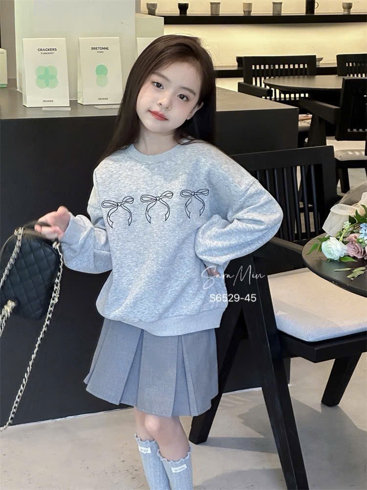 Set váy Sara Min áo nỉ nơ + chân váy xếp ly mà ghi bé gái size 2-12y