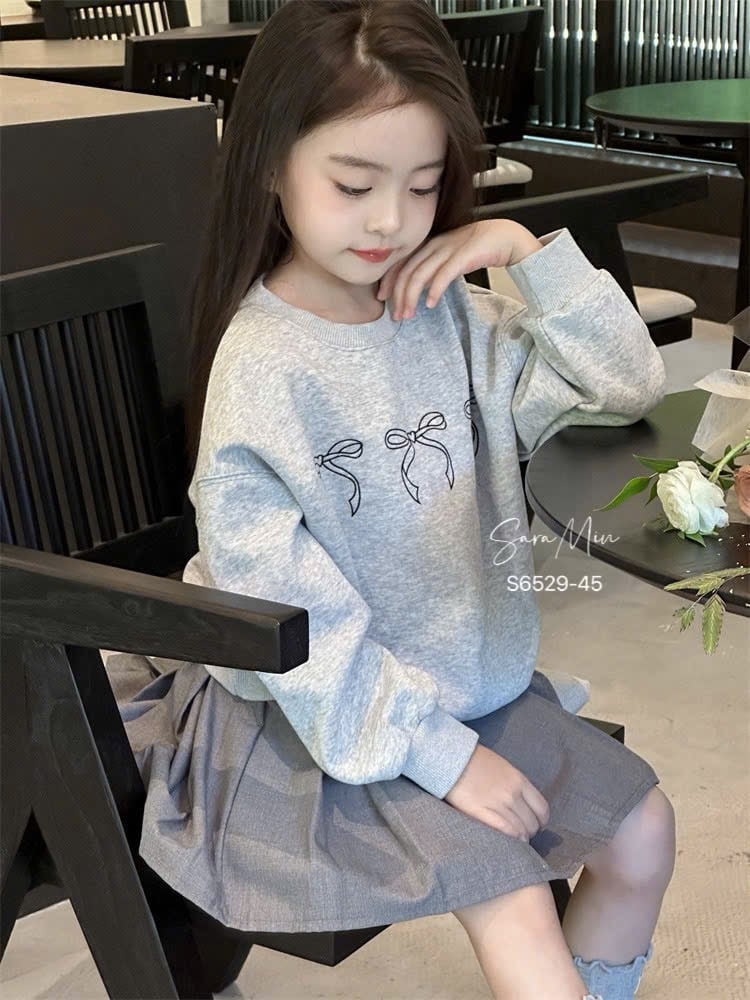 Set váy Sara Min áo nỉ nơ + chân váy xếp ly mà ghi bé gái size 2-12y