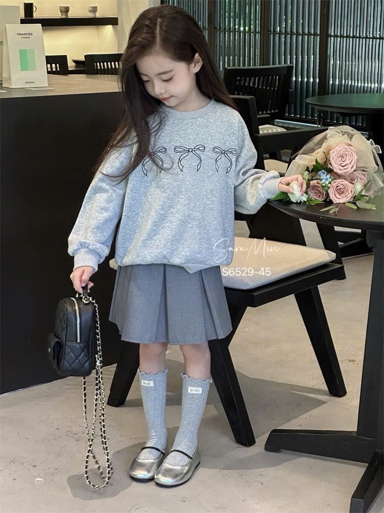 Set váy Sara Min áo nỉ nơ + chân váy xếp ly mà ghi bé gái size 2-12y
