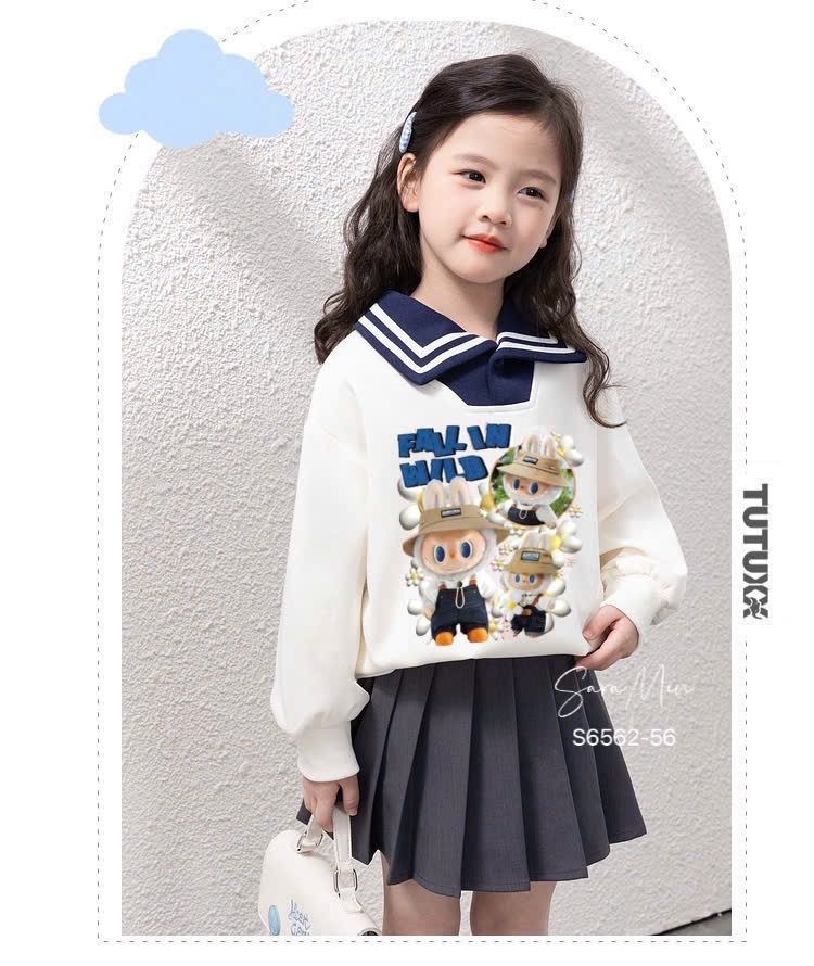 Set bộ Sara Min Labubu áo cổ thủy thủ + chân váy xếp ly bé gái size 2-12y
