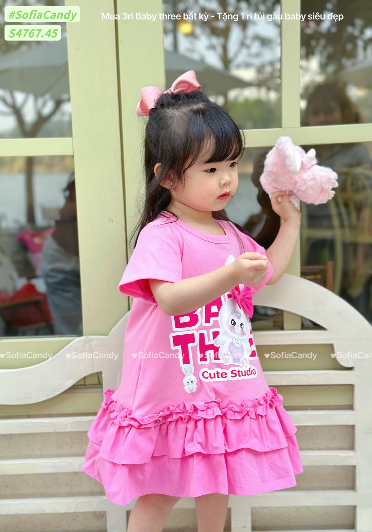 S4767 - Váy Sofia Candy Baby Three hồng phối nơ bé gái size 2-12y