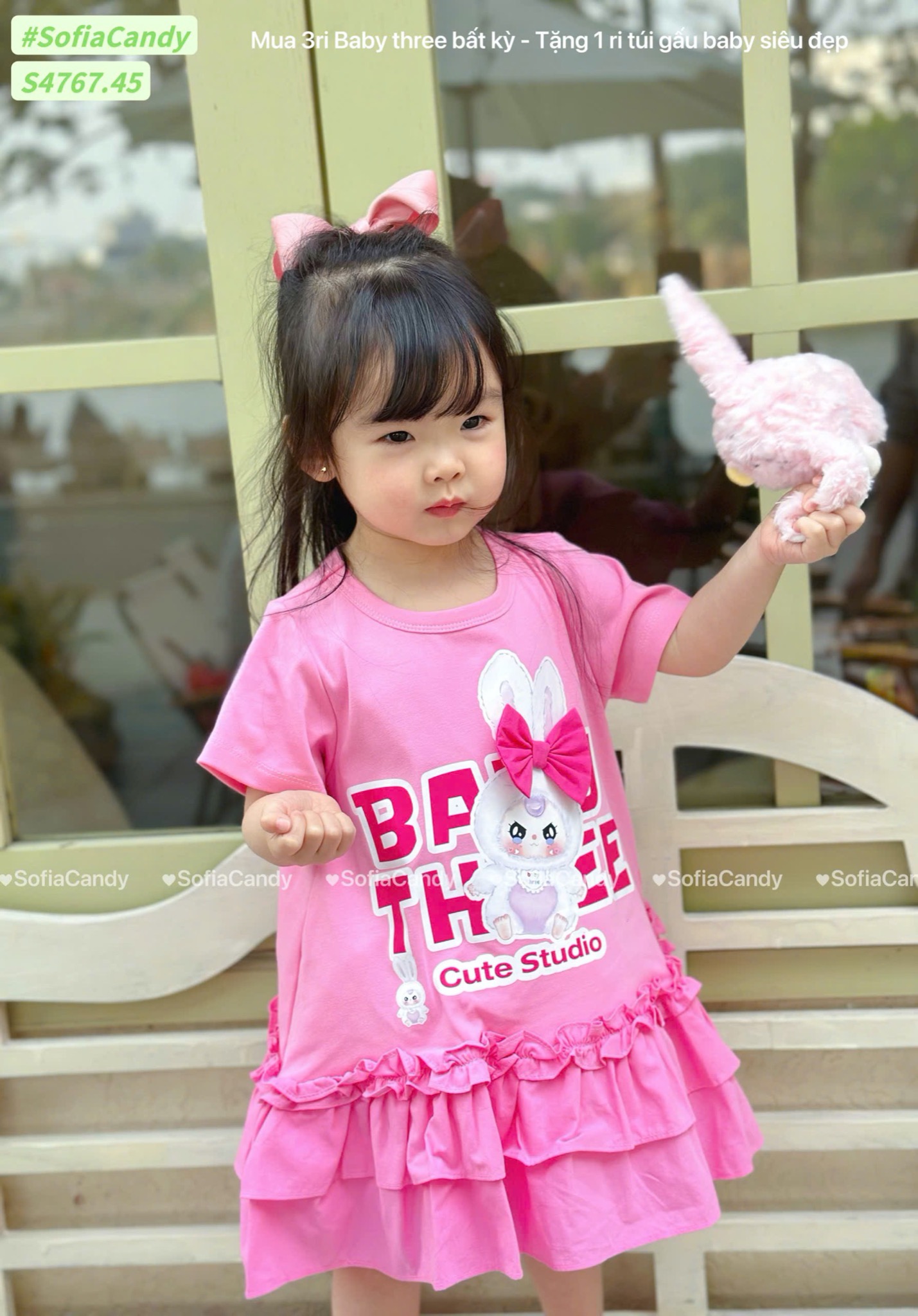 S4767 - Váy Sofia Candy Baby Three hồng phối nơ bé gái size 2-12y