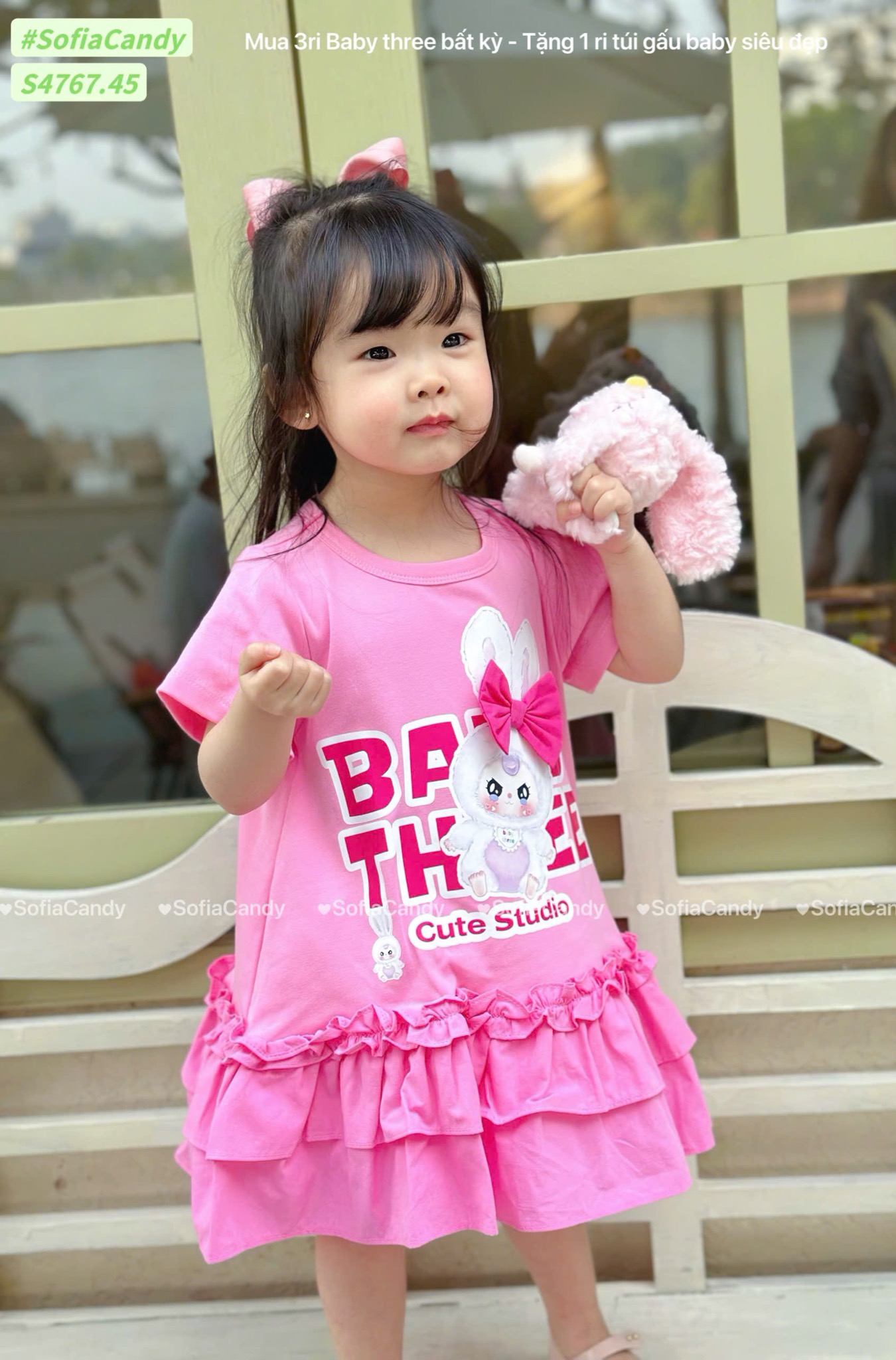 S4767 - Váy Sofia Candy Baby Three hồng phối nơ bé gái size 2-12y