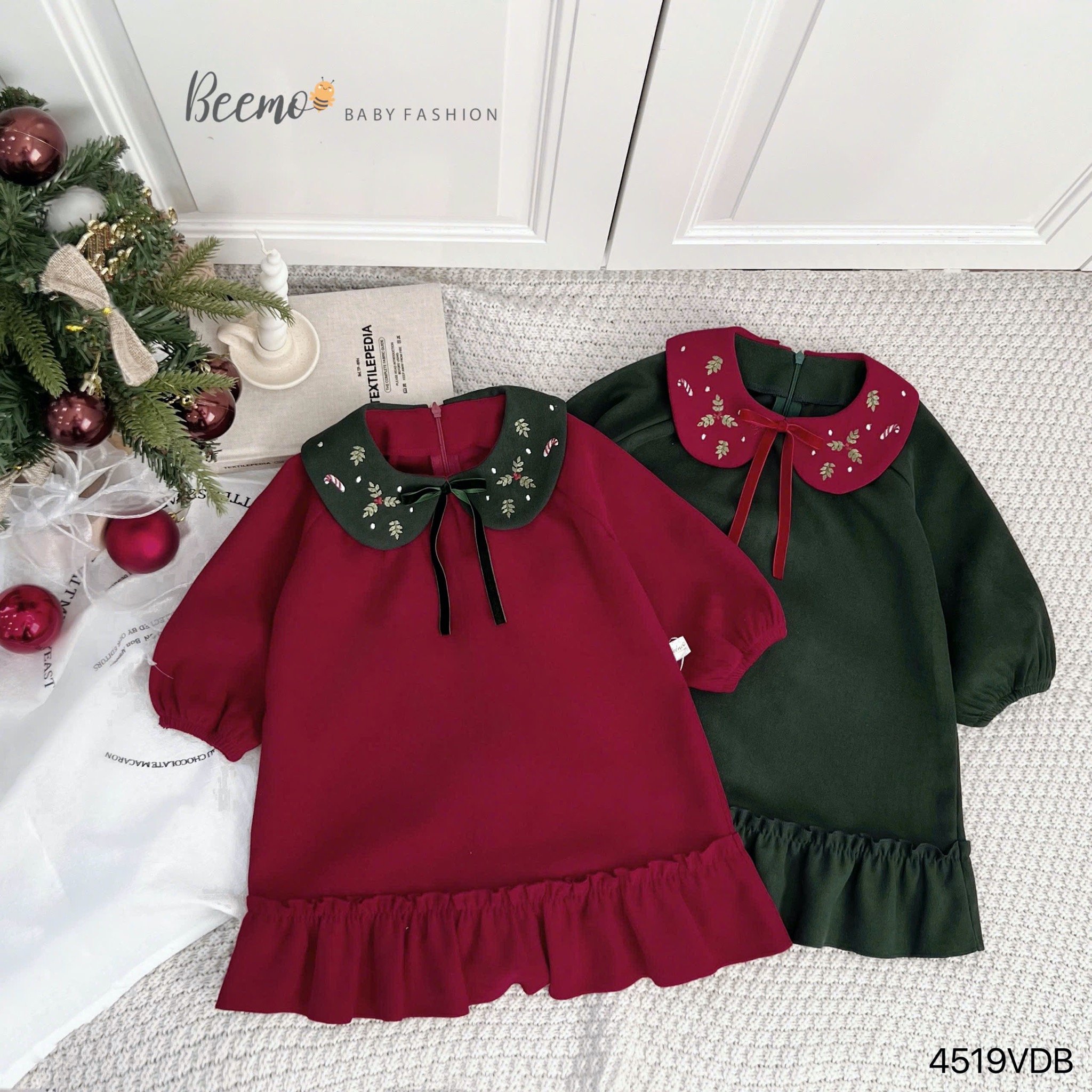 Váy nhung Beemo Noel cố thêu 2 màu đỏ xanh cho bé gái size 80-130