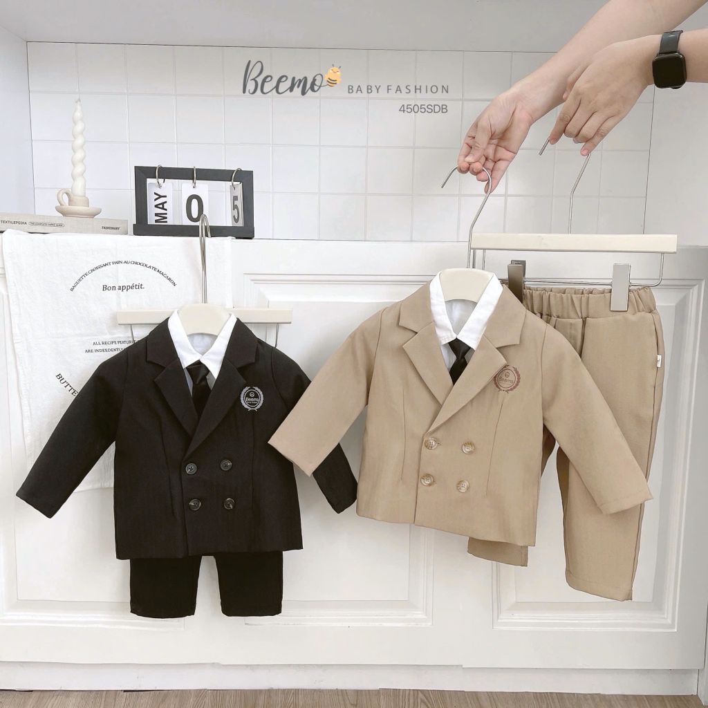 Set bộ Vest Beemo kèm cavat hai hàng khuy cho bé trai size 80-130 (không kèm sơ mi)