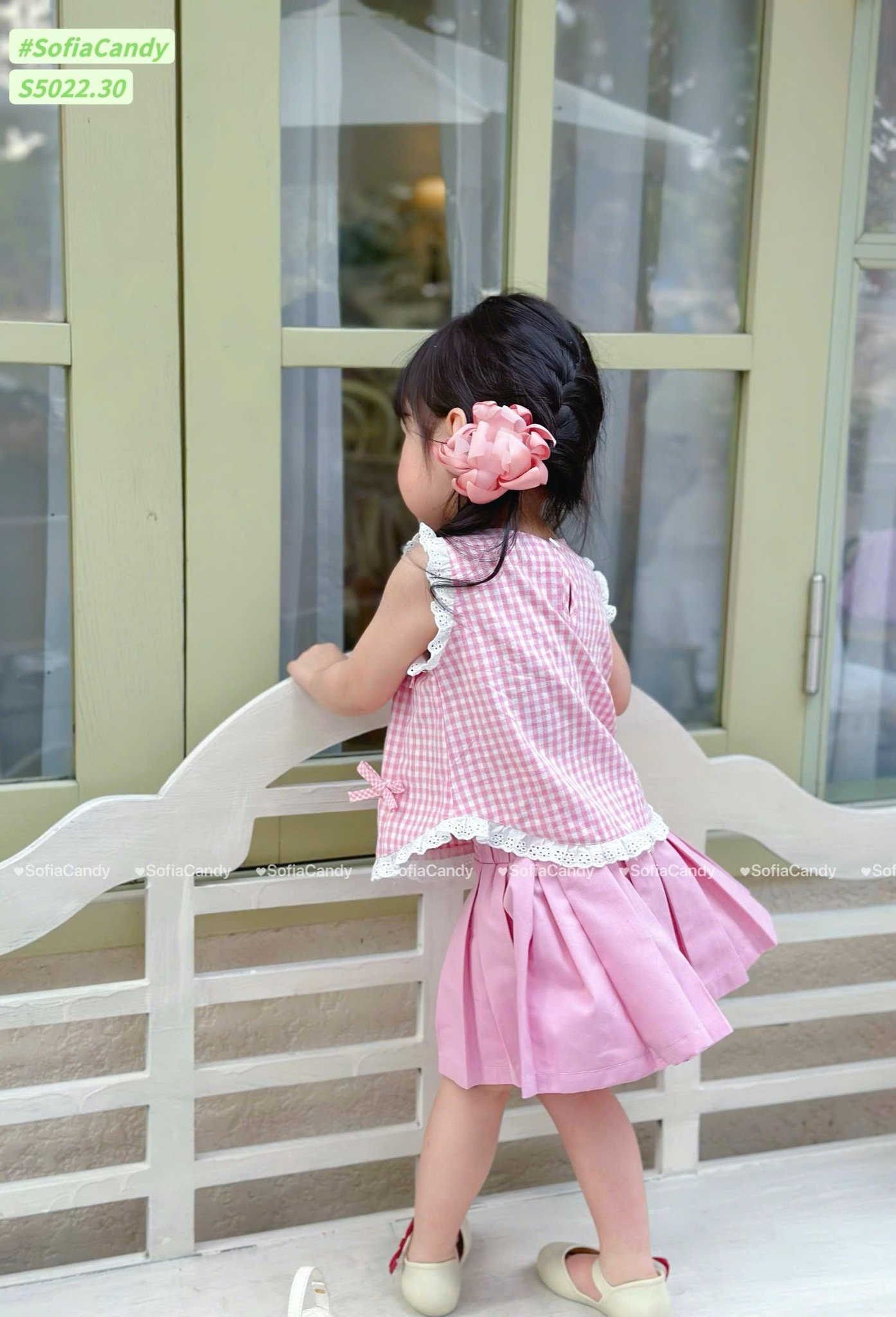 S5022 - Set bộ Sofia Candy áo đính  nơ + chân váy liền quần vàng/kẻ hồng bé gái size 1-10y