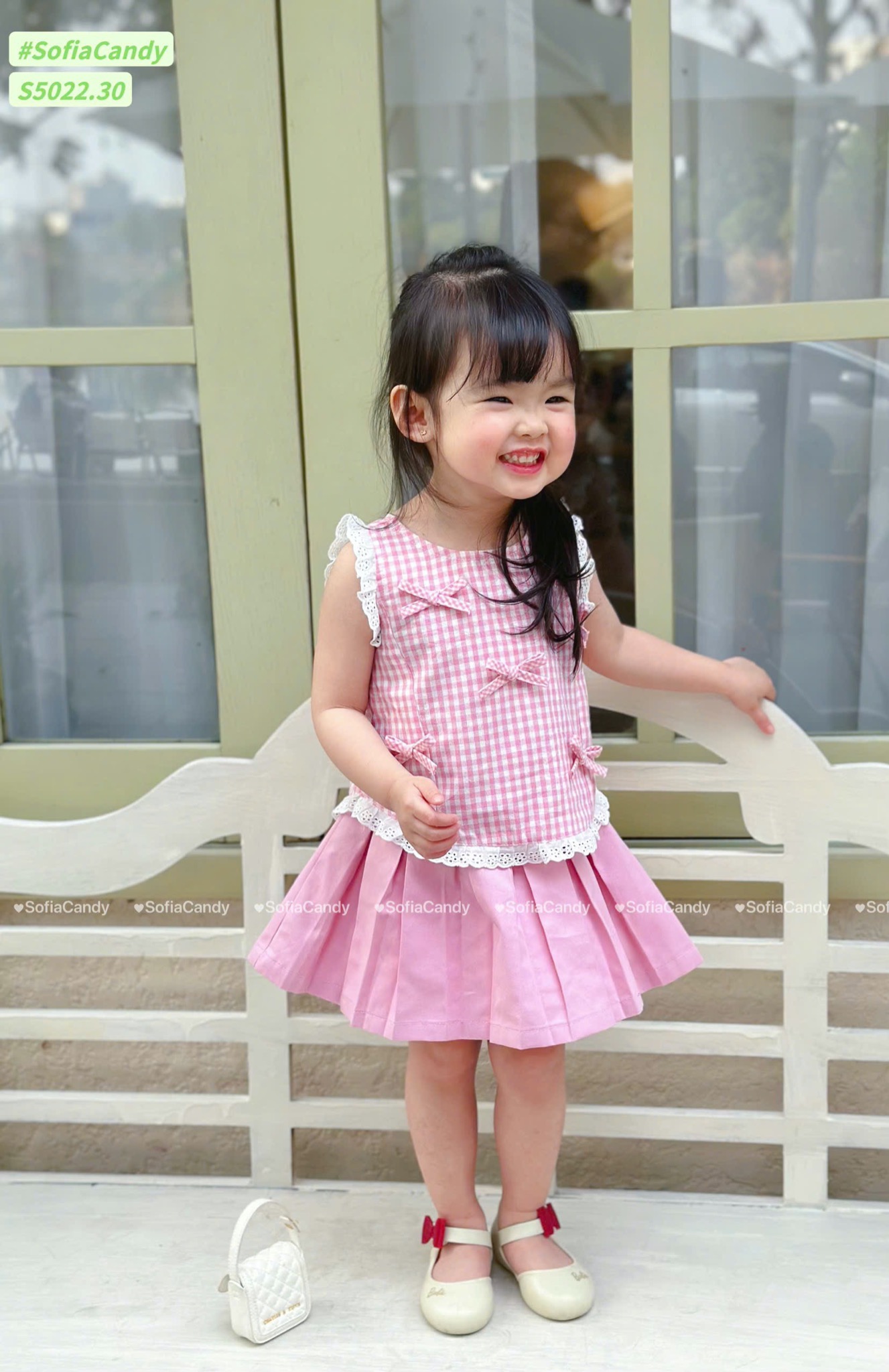 S5022 - Set bộ Sofia Candy áo đính  nơ + chân váy liền quần vàng/kẻ hồng bé gái size 1-10y