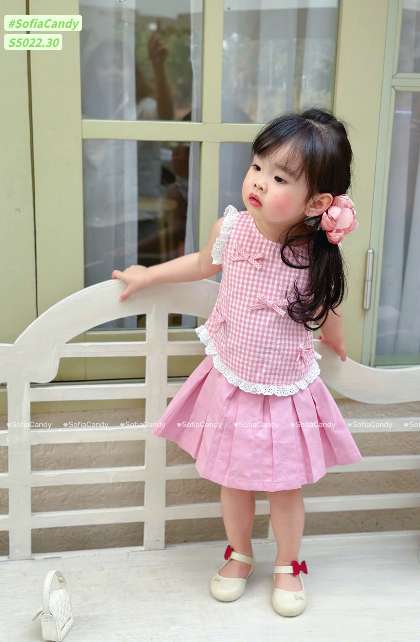S5022 - Set bộ Sofia Candy áo đính  nơ + chân váy liền quần vàng/kẻ hồng bé gái size 1-10y