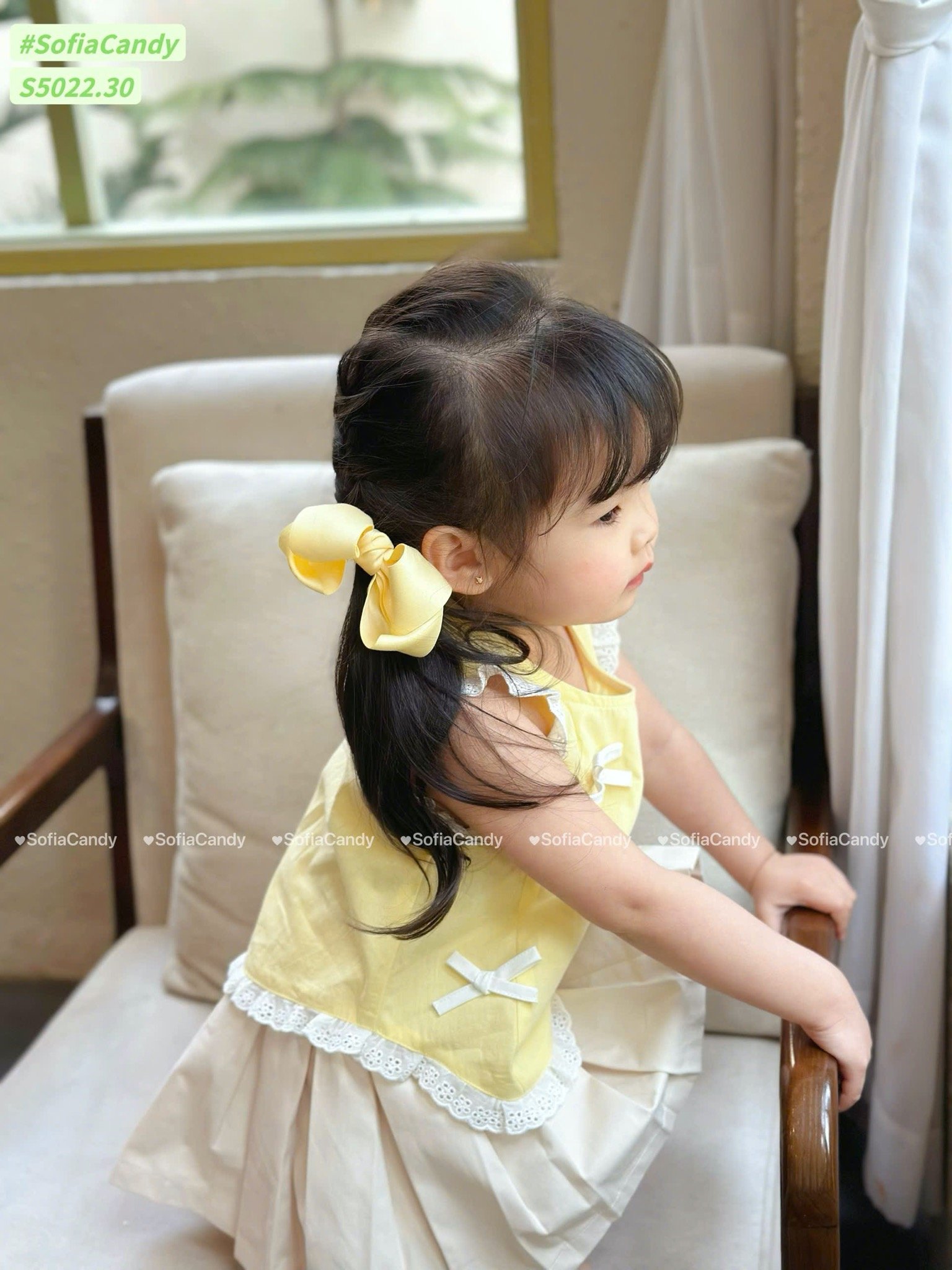 S5022 - Set bộ Sofia Candy áo đính  nơ + chân váy liền quần vàng/kẻ hồng bé gái size 1-10y
