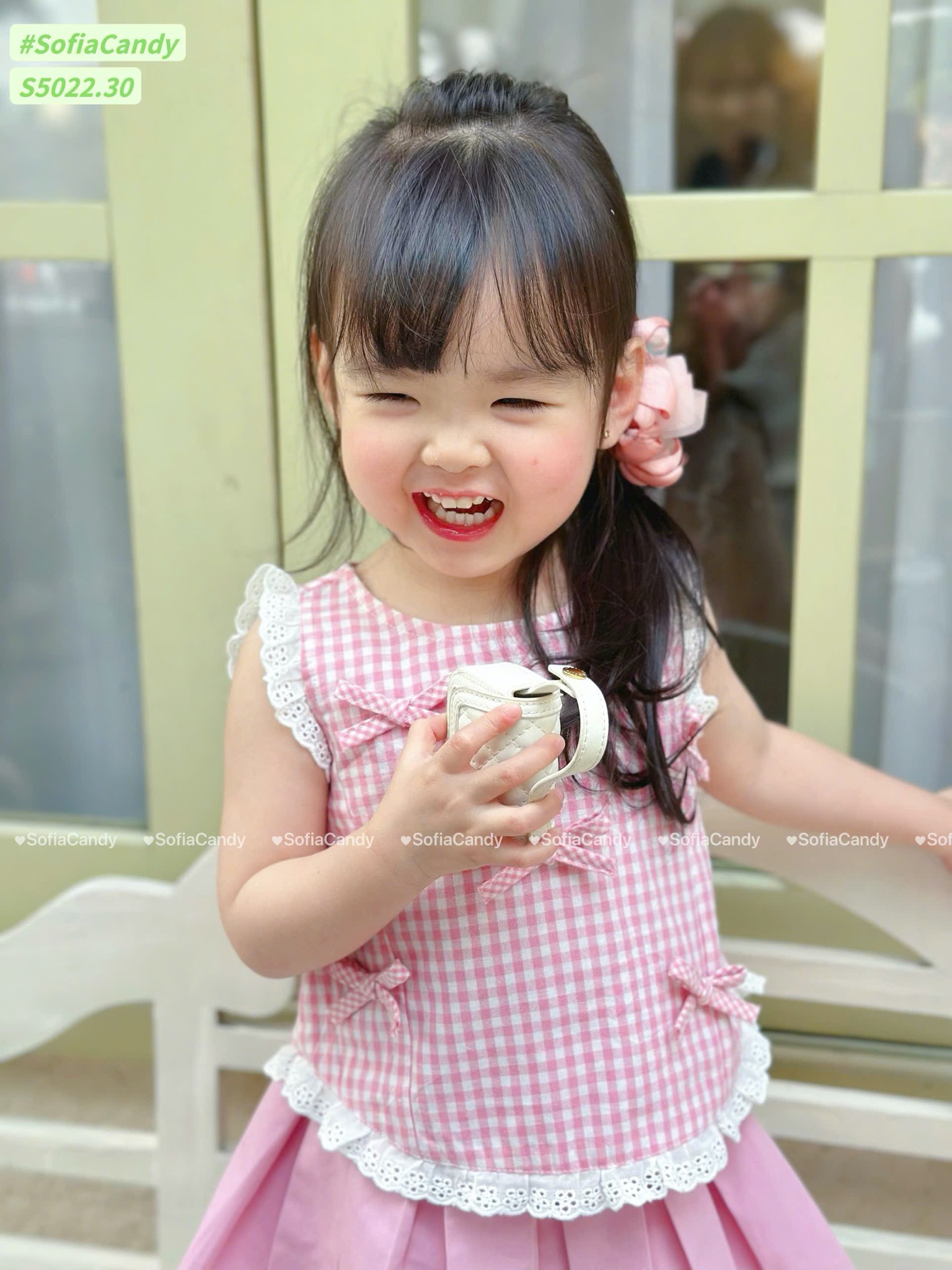 S5022 - Set bộ Sofia Candy áo đính  nơ + chân váy liền quần vàng/kẻ hồng bé gái size 1-10y