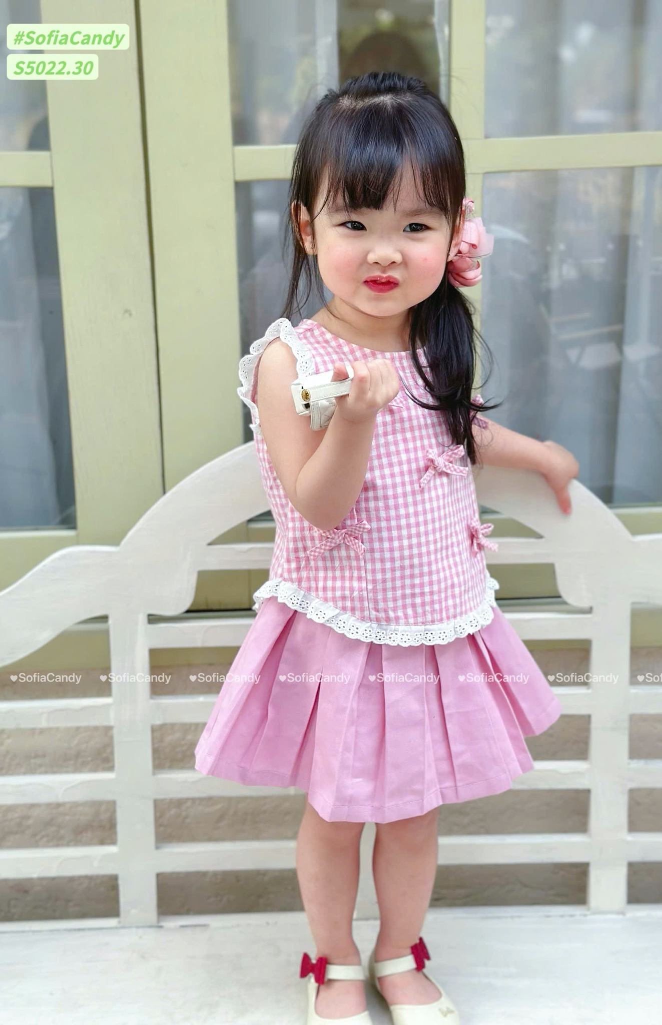 S5022 - Set bộ Sofia Candy áo đính  nơ + chân váy liền quần vàng/kẻ hồng bé gái size 1-10y