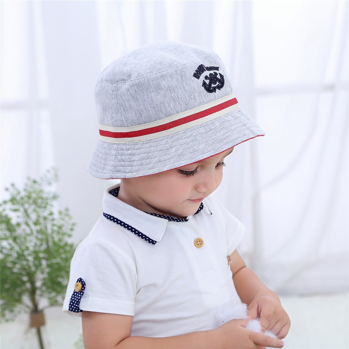 Mũ vải vành Miller BT - màu ghi viền be đỏ