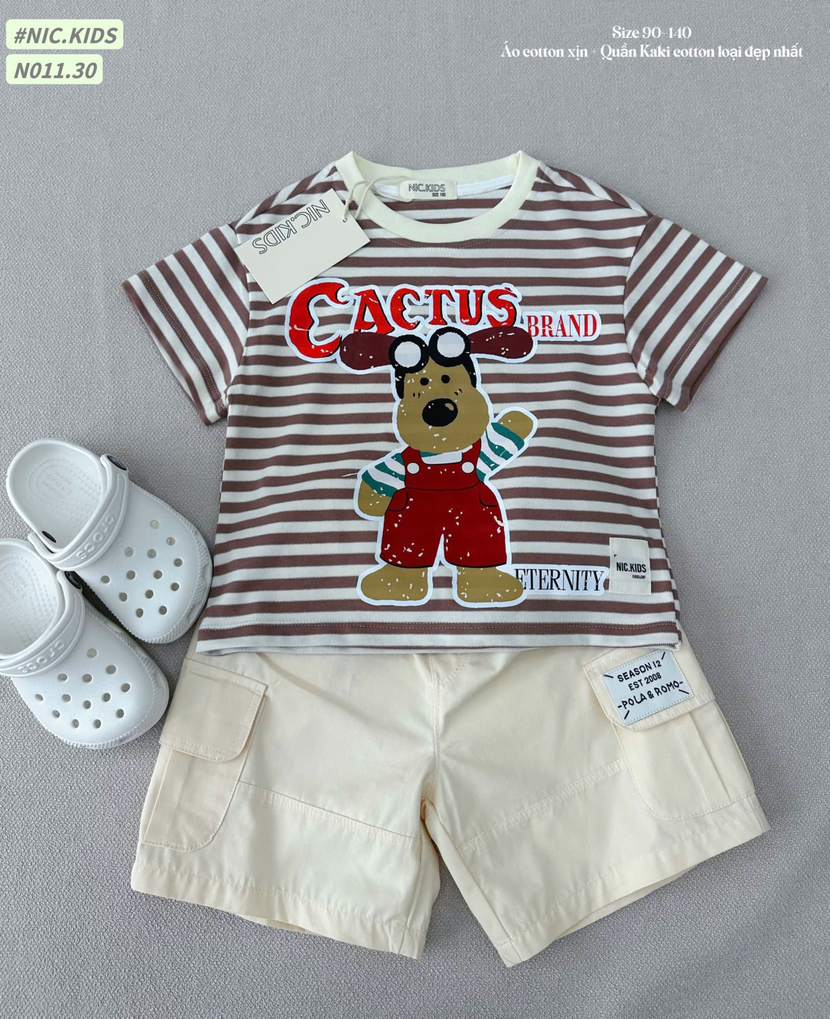 N011 - Bộ cotton Nickids màu kẻ nâu in cún Cactus + quần kaki bé trai size 90-140