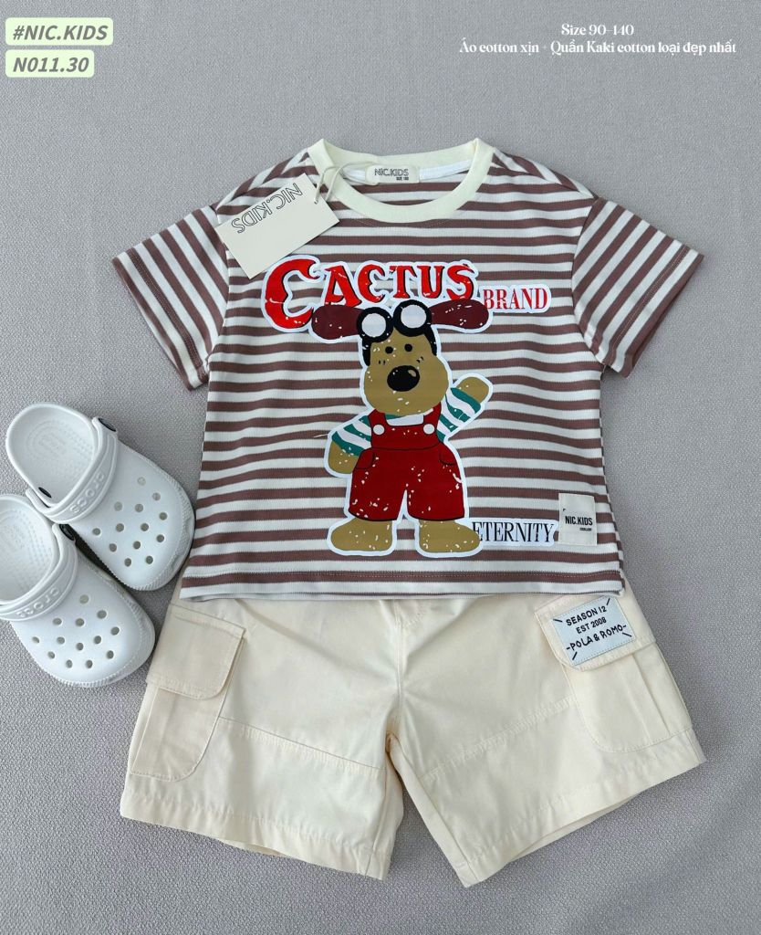 N011 - Bộ cotton Nickids màu kẻ nâu in cún Cactus + quần kaki bé trai size 90-140
