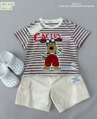 N011 - Bộ cotton Nickids màu kẻ nâu in cún Cactus + quần kaki bé trai size 90-140