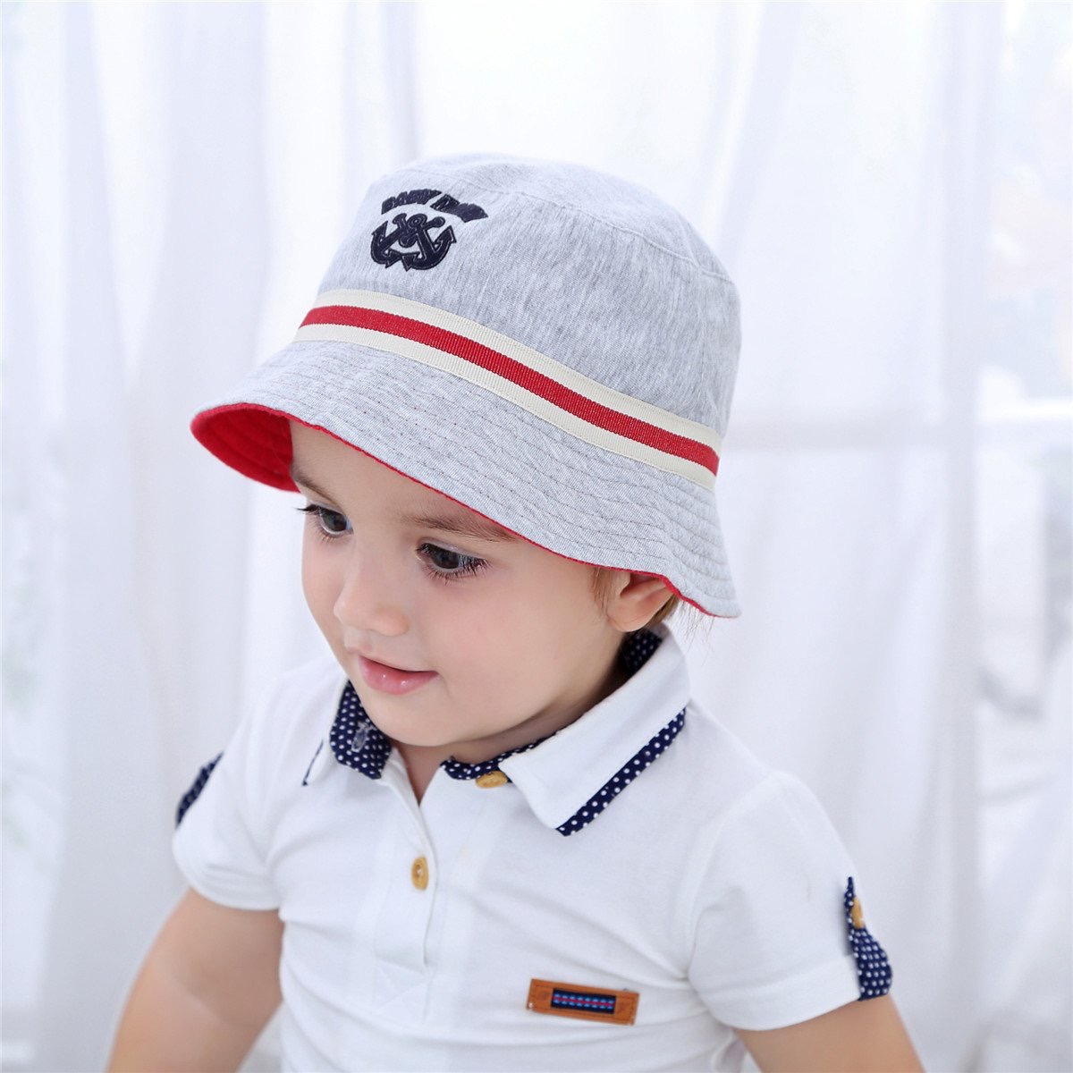 Mũ vải vành Miller BT - màu ghi viền be đỏ