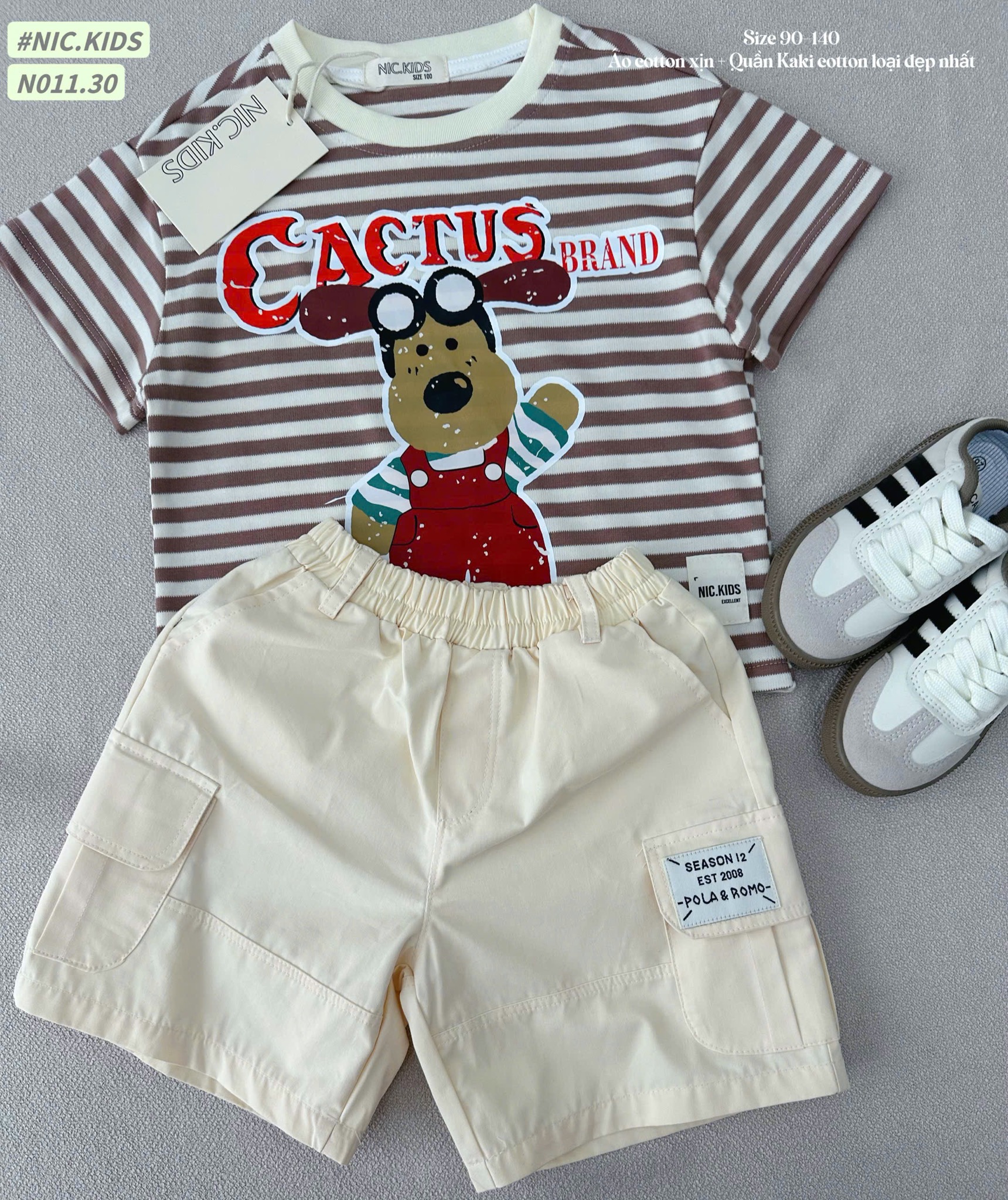 N011 - Bộ cotton Nickids màu kẻ nâu in cún Cactus + quần kaki bé trai size 90-140