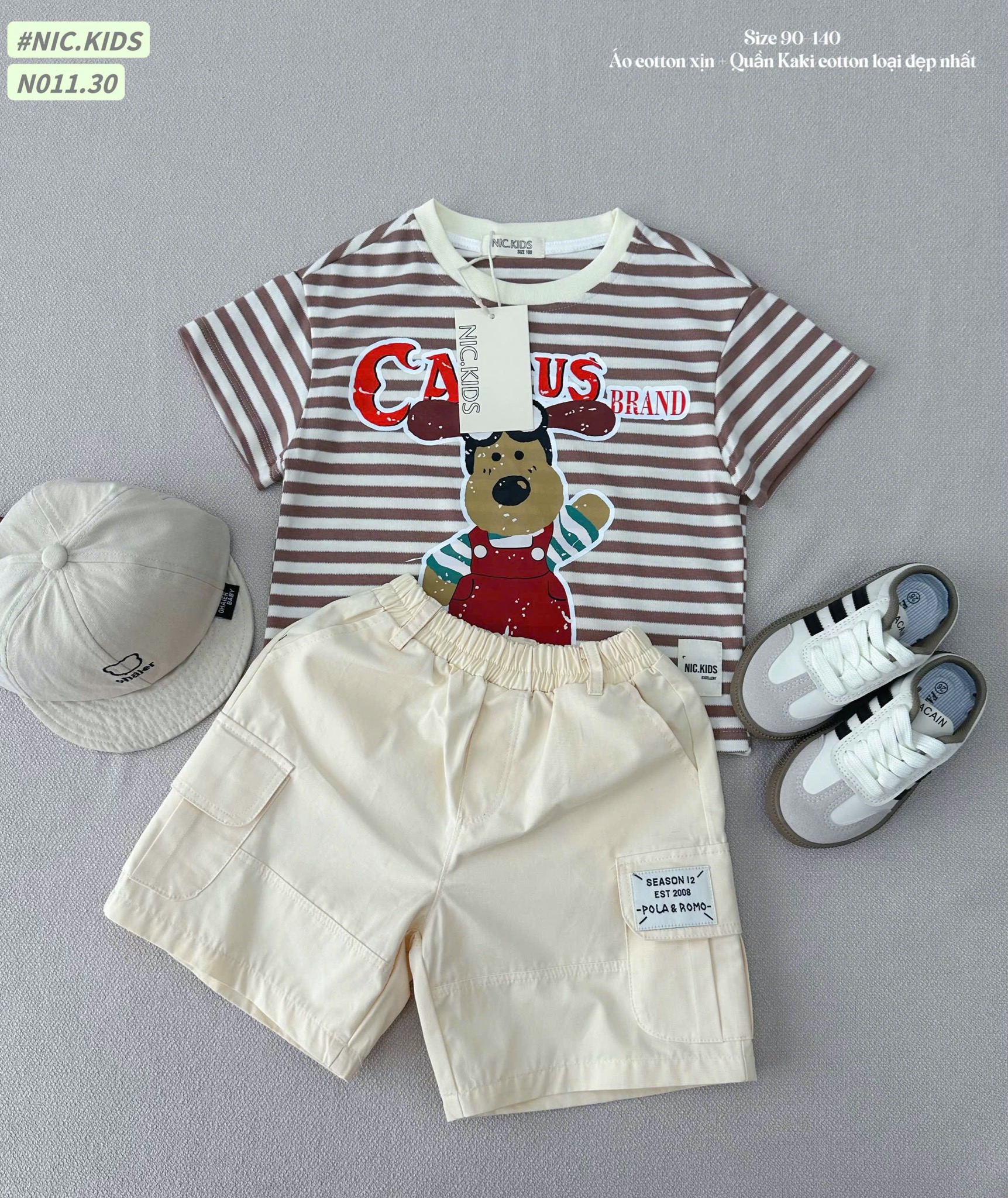 N011 - Bộ cotton Nickids màu kẻ nâu in cún Cactus + quần kaki bé trai size 90-140
