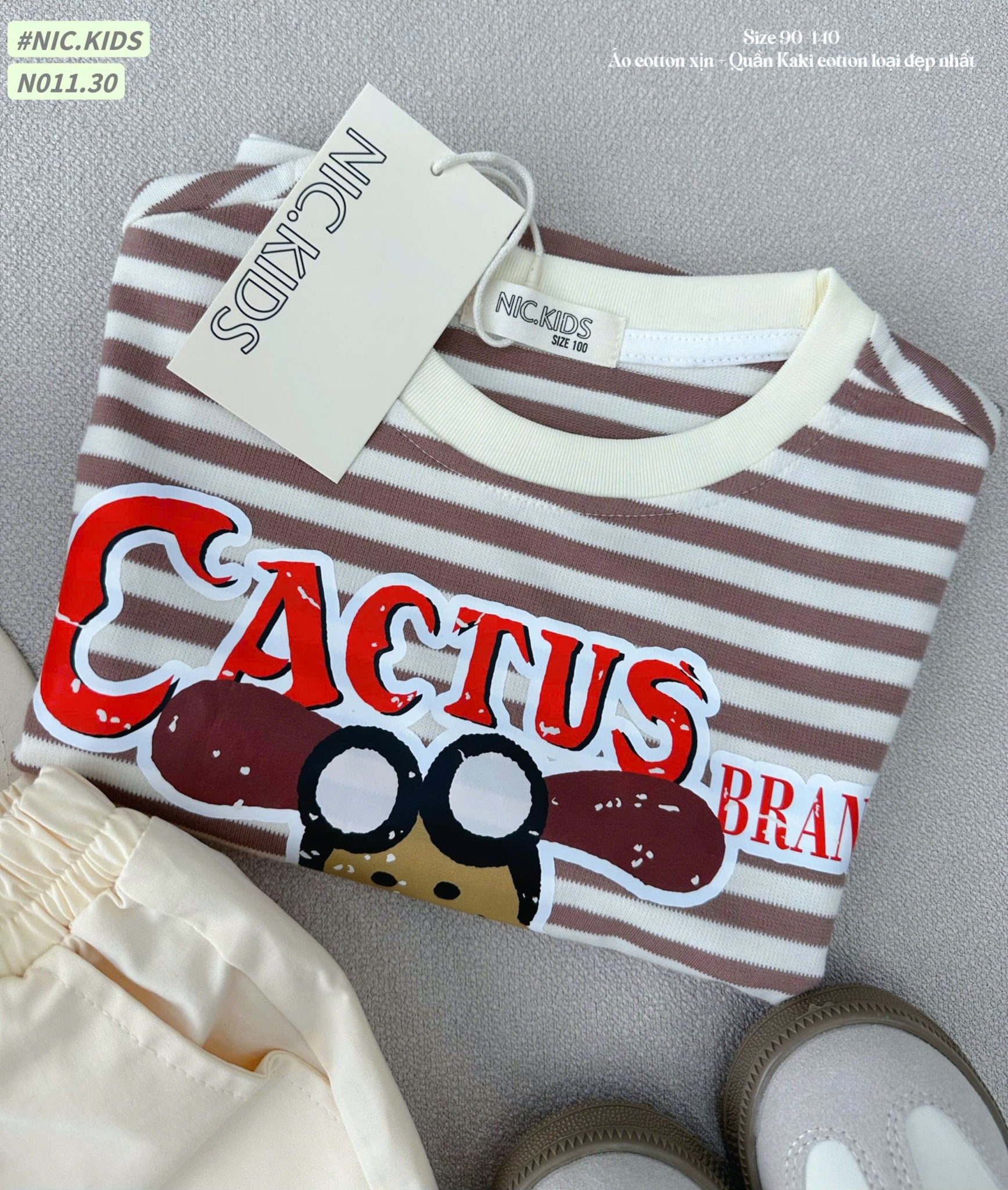 N011 - Bộ cotton Nickids màu kẻ nâu in cún Cactus + quần kaki bé trai size 90-140