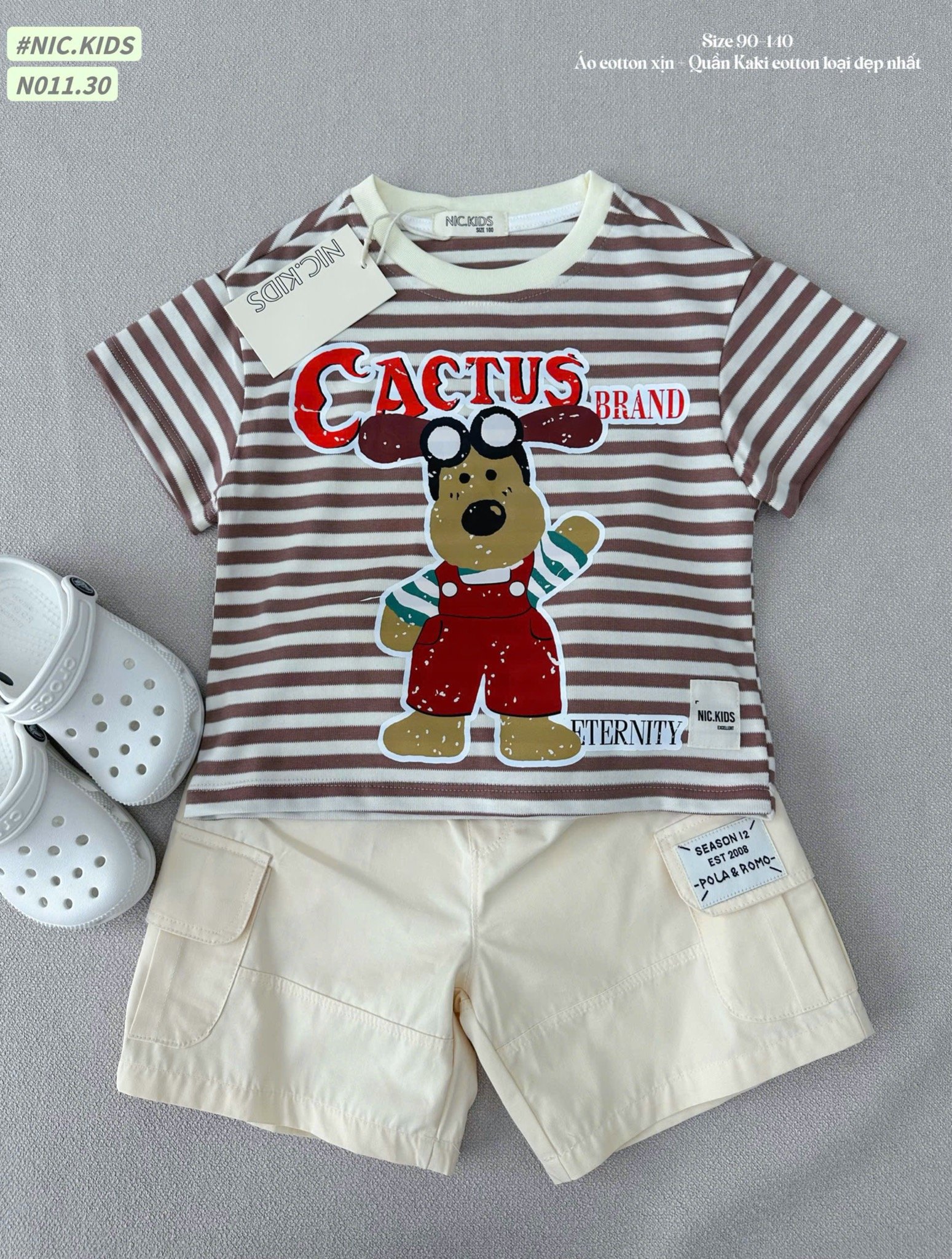 N011 - Bộ cotton Nickids màu kẻ nâu in cún Cactus + quần kaki bé trai size 90-140