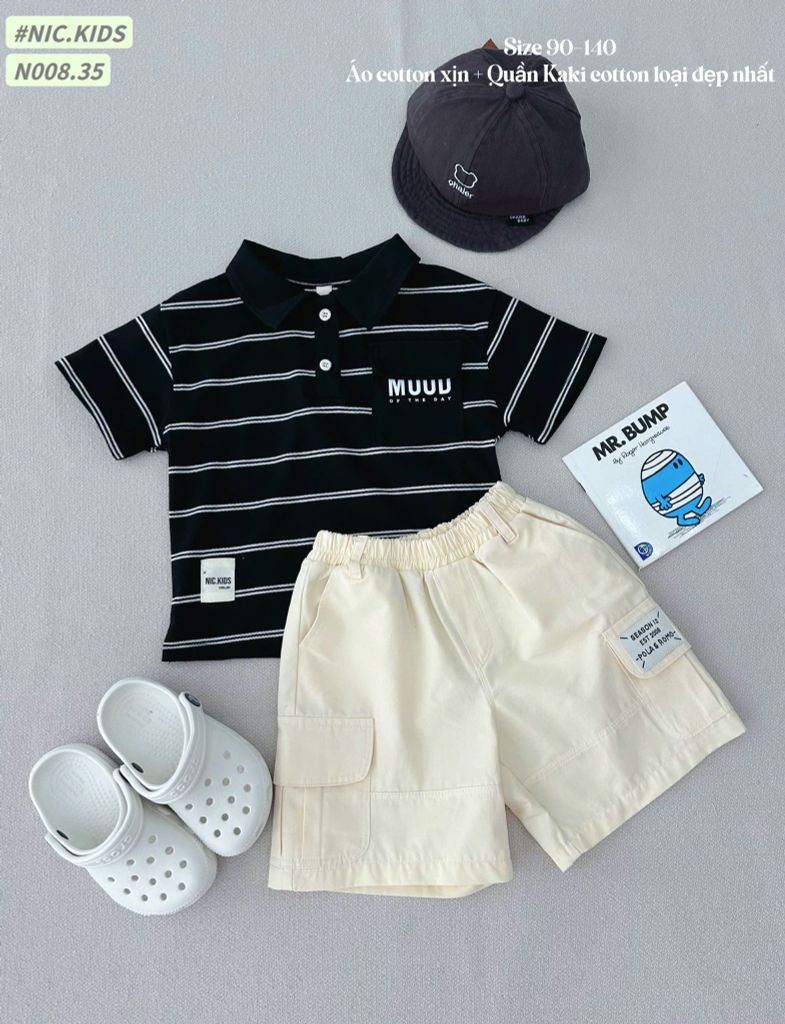 N008 - Bộ cotton Nickids cổ đức túi ngực chữ Miu kẻ 2 màu + quần kaki bé trai size 90-140