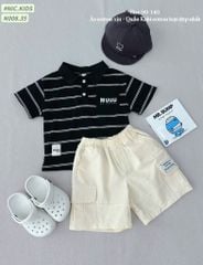 N008 - Bộ cotton Nickids cổ đức túi ngực chữ Miu kẻ 2 màu + quần kaki bé trai size 90-140
