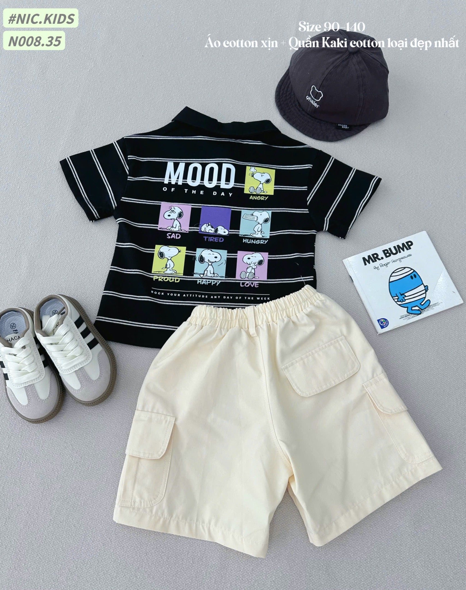N008 - Bộ cotton Nickids cổ đức túi ngực chữ Miu kẻ 2 màu + quần kaki bé trai size 90-140