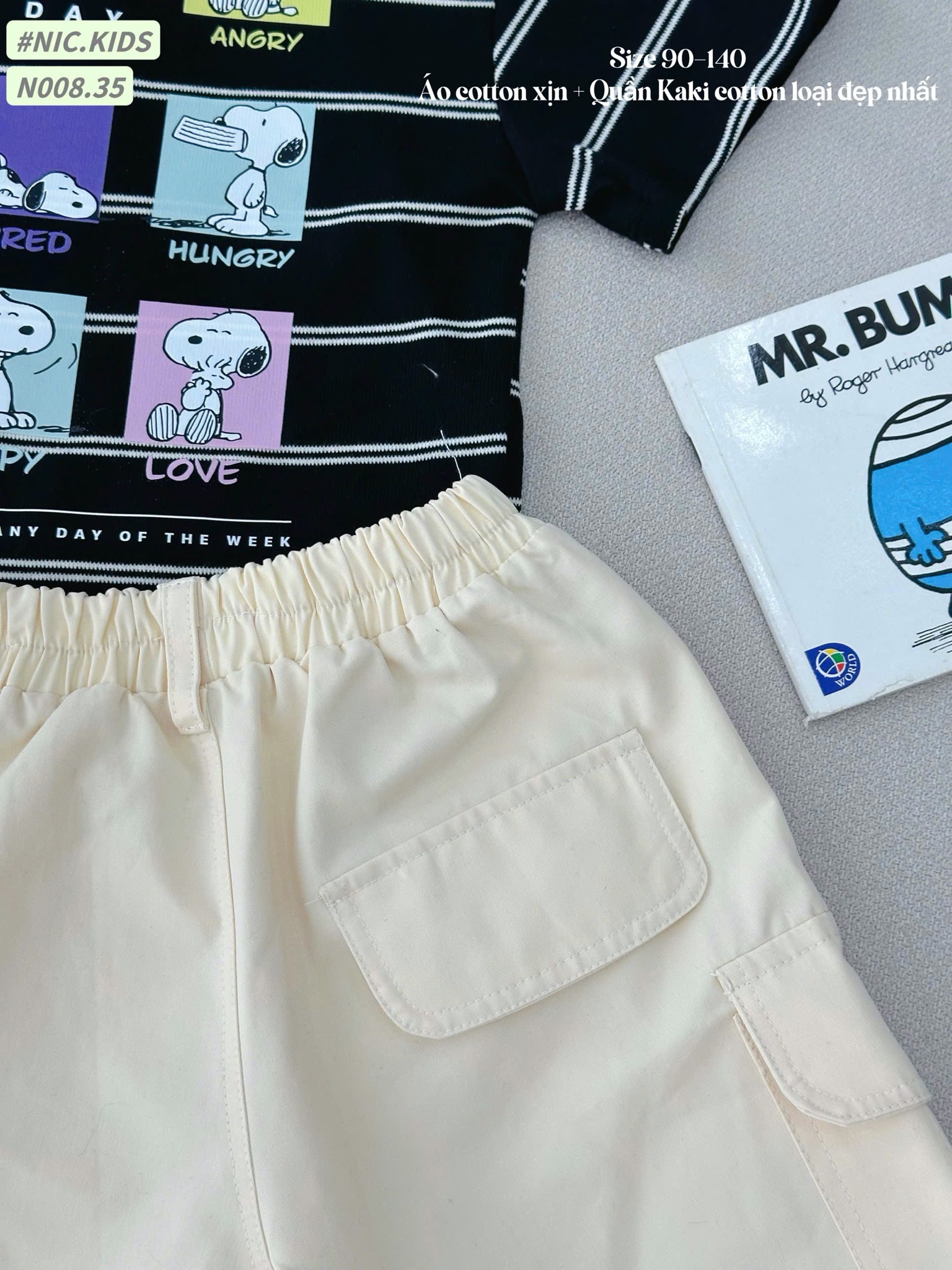 N008 - Bộ cotton Nickids cổ đức túi ngực chữ Miu kẻ 2 màu + quần kaki bé trai size 90-140