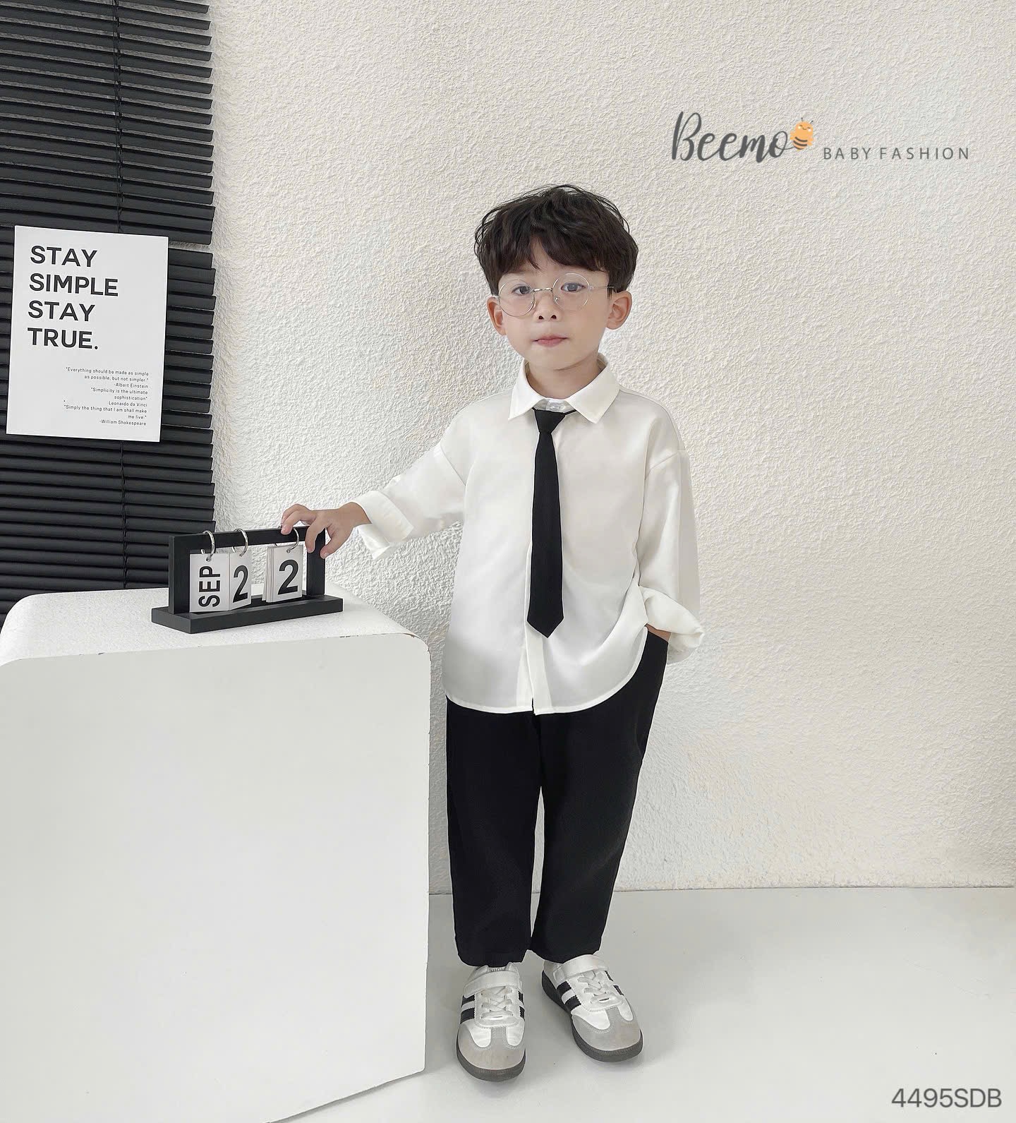 Set bộ Beemo 3ct bộ sơ mi trắng + quần đen + cavat cho bé trai size 80-130