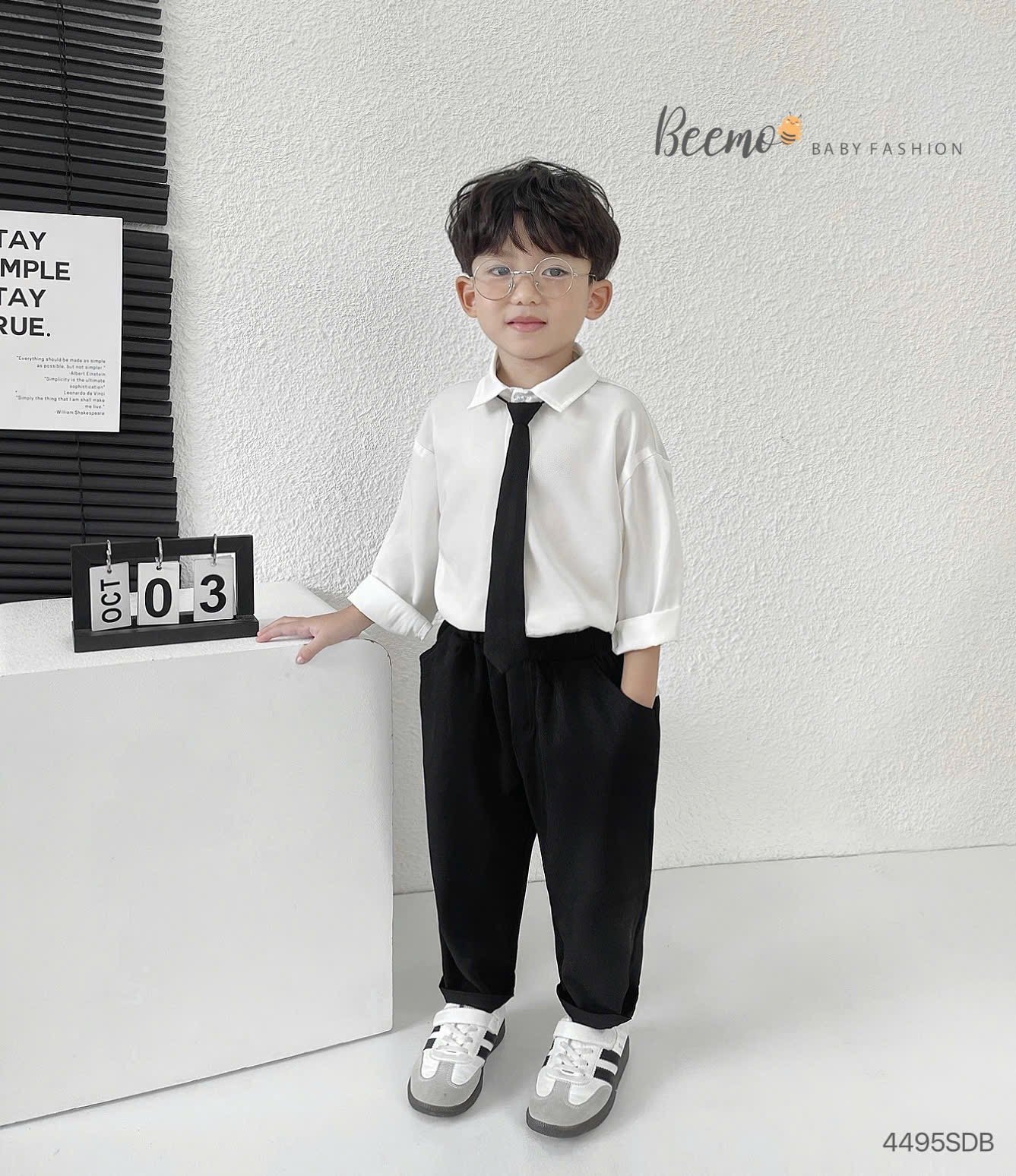 Set bộ Beemo 3ct bộ sơ mi trắng + quần đen + cavat cho bé trai size 80-130