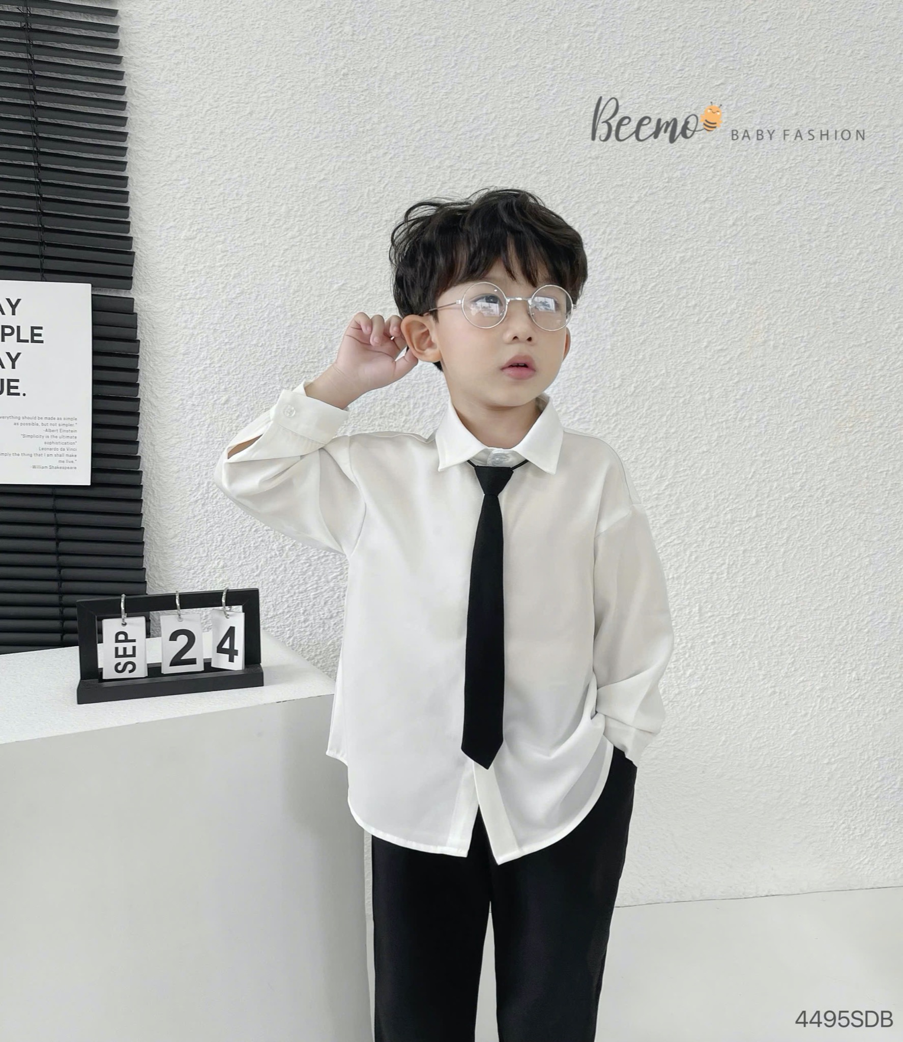 Set bộ Beemo 3ct bộ sơ mi trắng + quần đen + cavat cho bé trai size 80-130