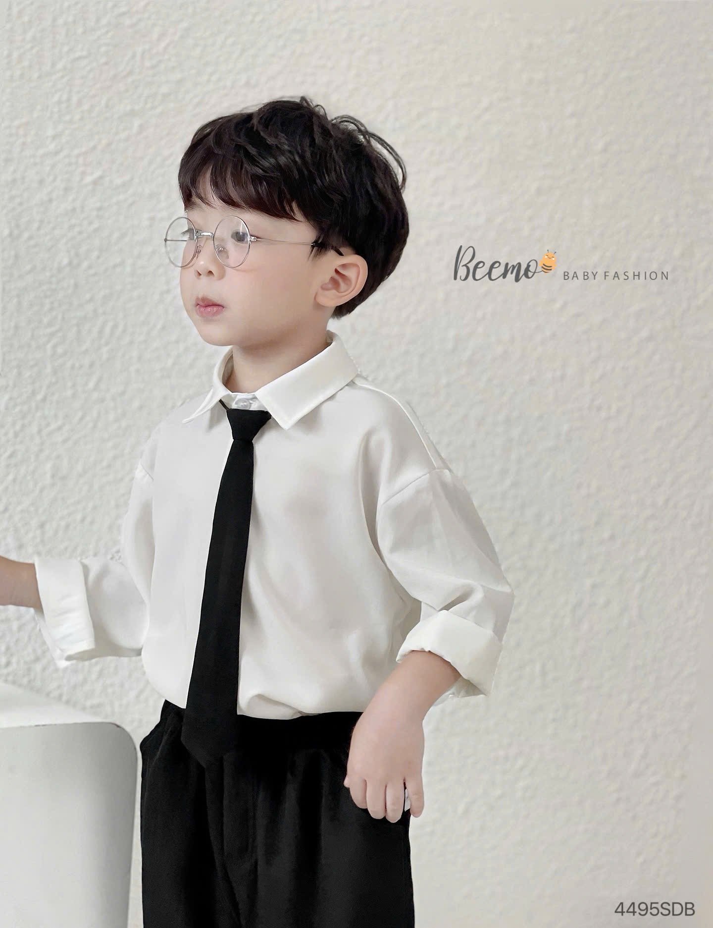 Set bộ Beemo 3ct bộ sơ mi trắng + quần đen + cavat cho bé trai size 80-130