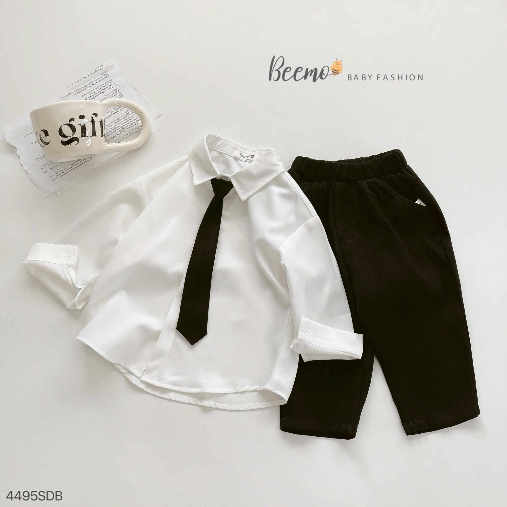 Set bộ Beemo 3ct bộ sơ mi trắng + quần đen + cavat cho bé trai size 80-130