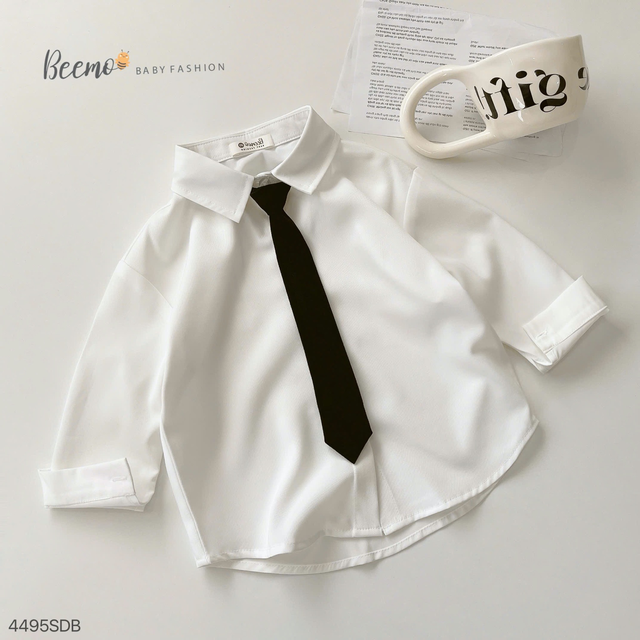 Set bộ Beemo 3ct bộ sơ mi trắng + quần đen + cavat cho bé trai size 80-130
