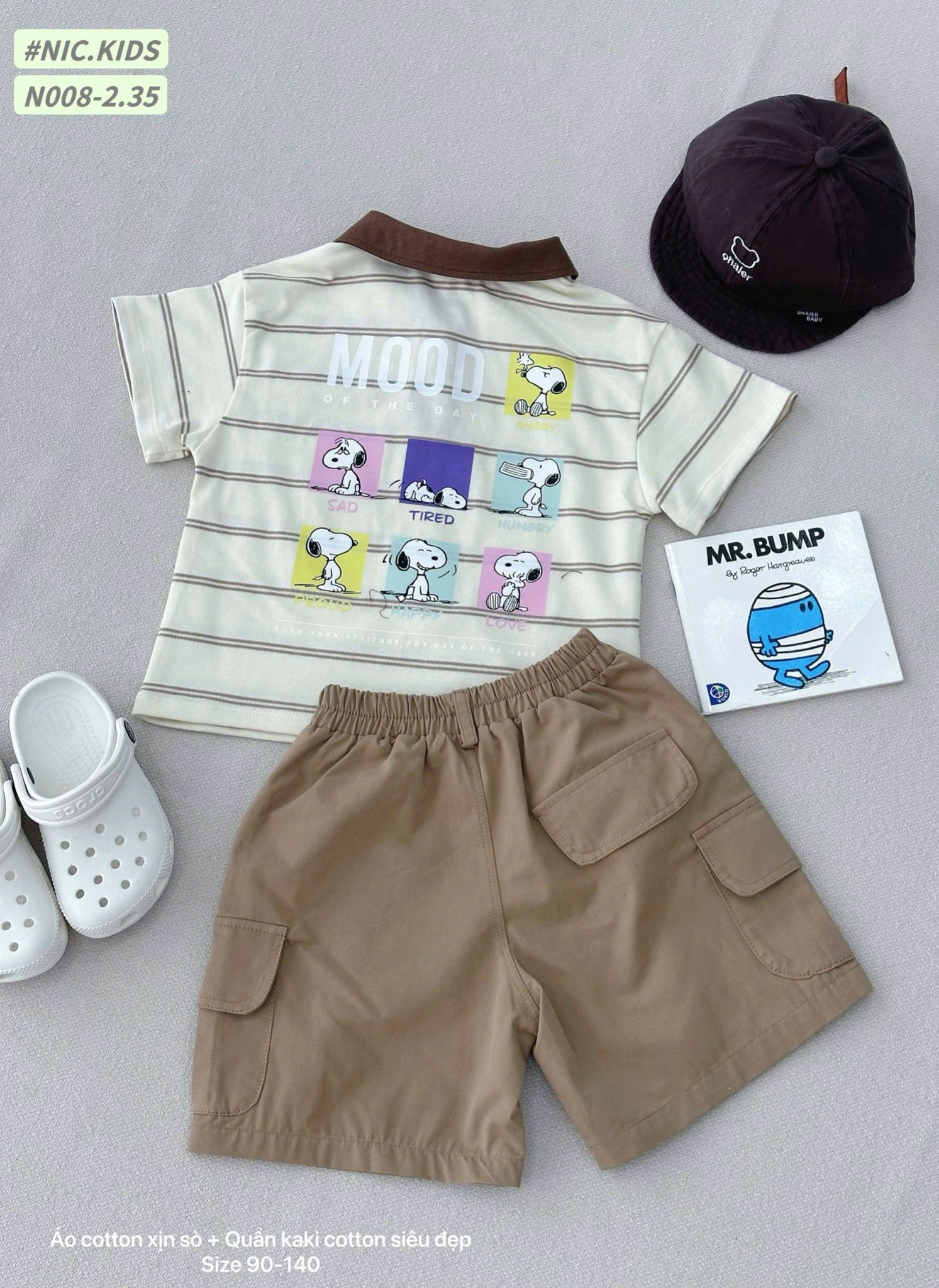 N008 - Bộ cotton Nickids cổ đức túi ngực chữ Miu kẻ 2 màu + quần kaki bé trai size 90-140