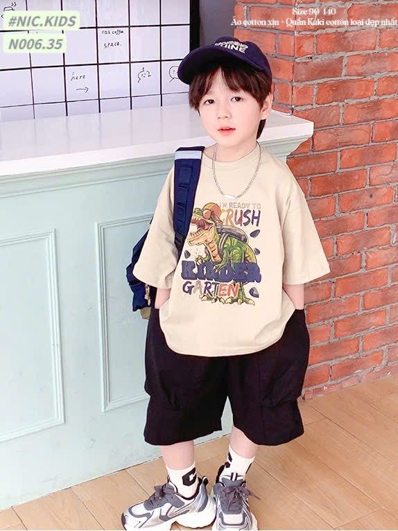 N006 - Bộ cotton Nickids màu be in khủng long phối quần kaki đen bé trai size 90-140