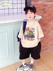 N006 - Bộ cotton Nickids màu be in khủng long phối quần kaki đen bé trai size 90-140