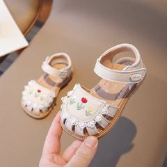 1229 - Sandal thêu hoa tuylip màu kem bé gái size 21-30