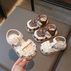 6101 - Sandal đính nơ viền ren đính nơ 2 màu nâu/kem bé gái size 21-30