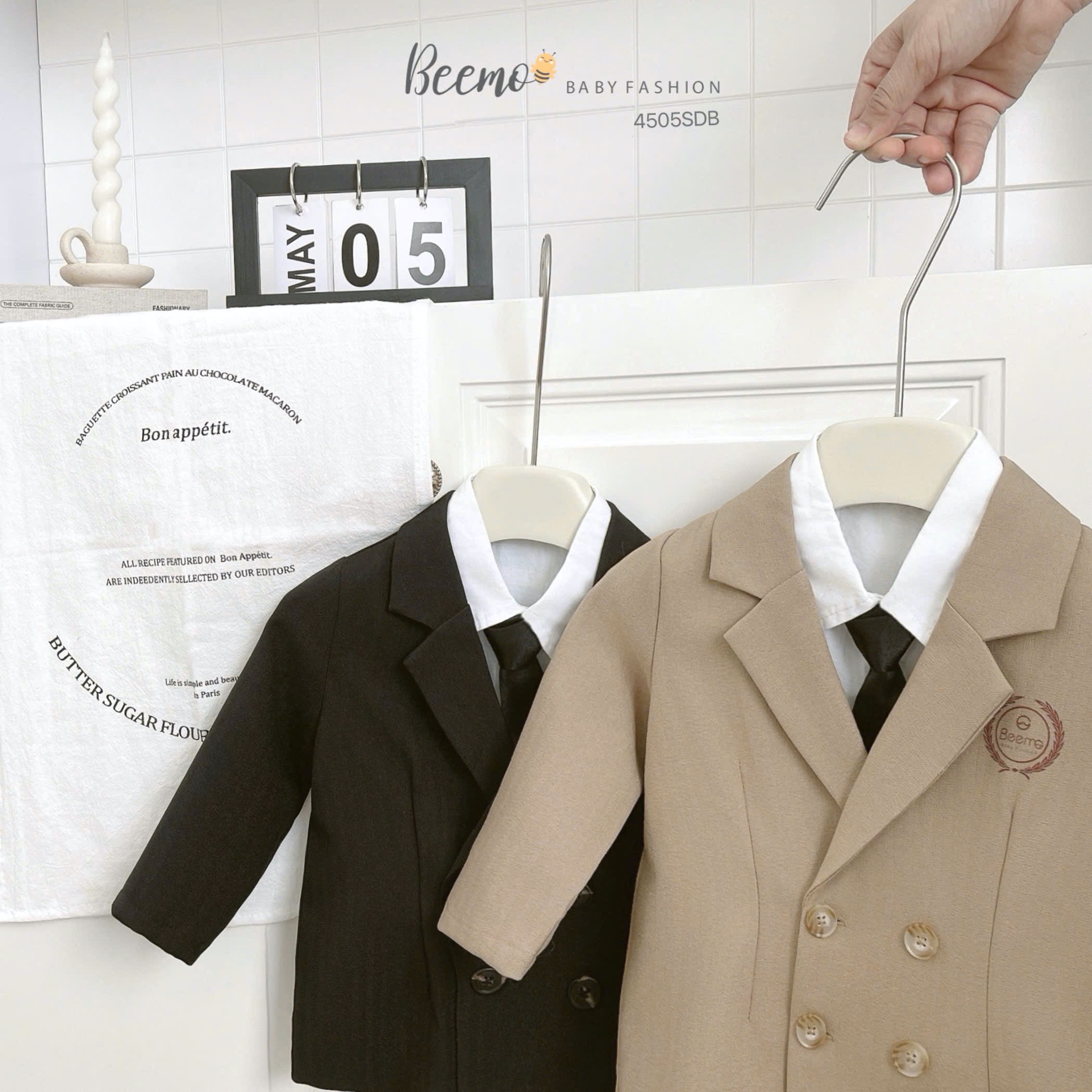 Set bộ Vest Beemo kèm cavat hai hàng khuy cho bé trai size 80-130 (không kèm sơ mi)