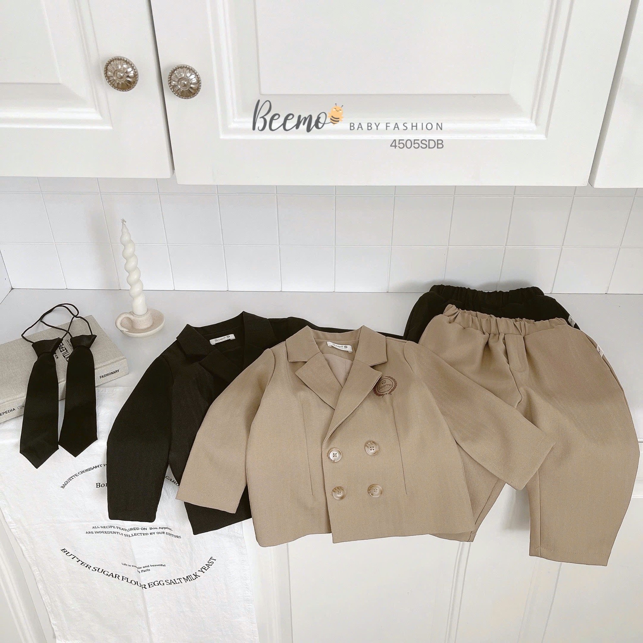 Set bộ Vest Beemo kèm cavat hai hàng khuy cho bé trai size 80-130 (không kèm sơ mi)