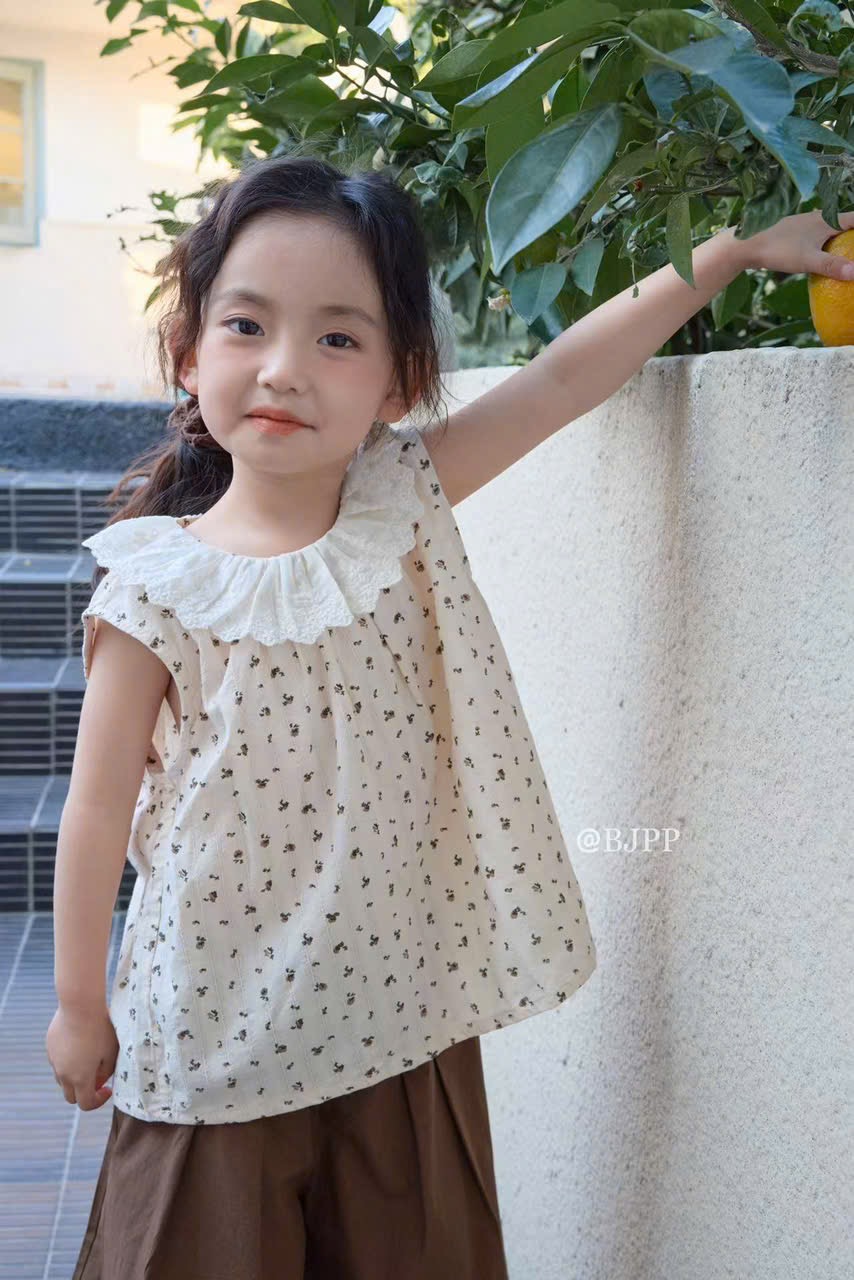 99073 - Áo sơ mi thô hoa nhí cổ ren bé gái size 90-130