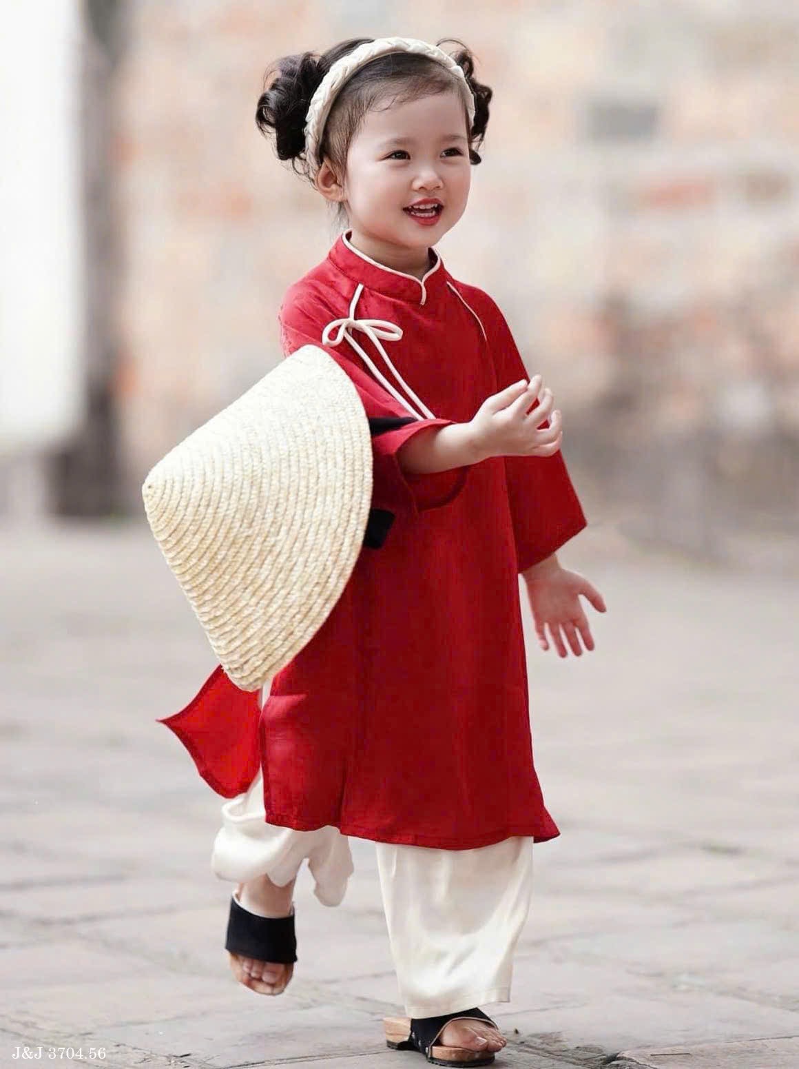 JJ 3704 - Áo dài Jam & Jenny màu đỏ đính nơ trắng bé gái size 2-12y