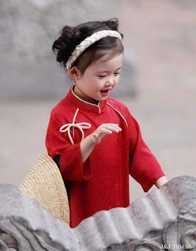 JJ 3704 - Áo dài Jam & Jenny màu đỏ đính nơ trắng bé gái size 2-12y