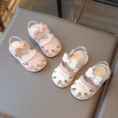 605 - Sandal rọ chữ miu đính nơ 2 màu hồng/kem bé gái size 22-31