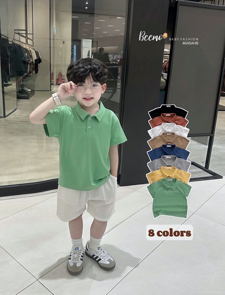 Áo cotton polo cổ đức Beemo trơn nhiều màu cho bé size 80-130