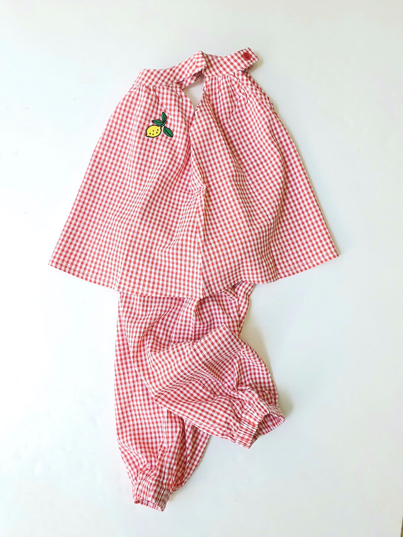 Set bộ Little Bobdog xuất Hàn kẻ caro đỏ thêu quả chanh bé gái size 110-150