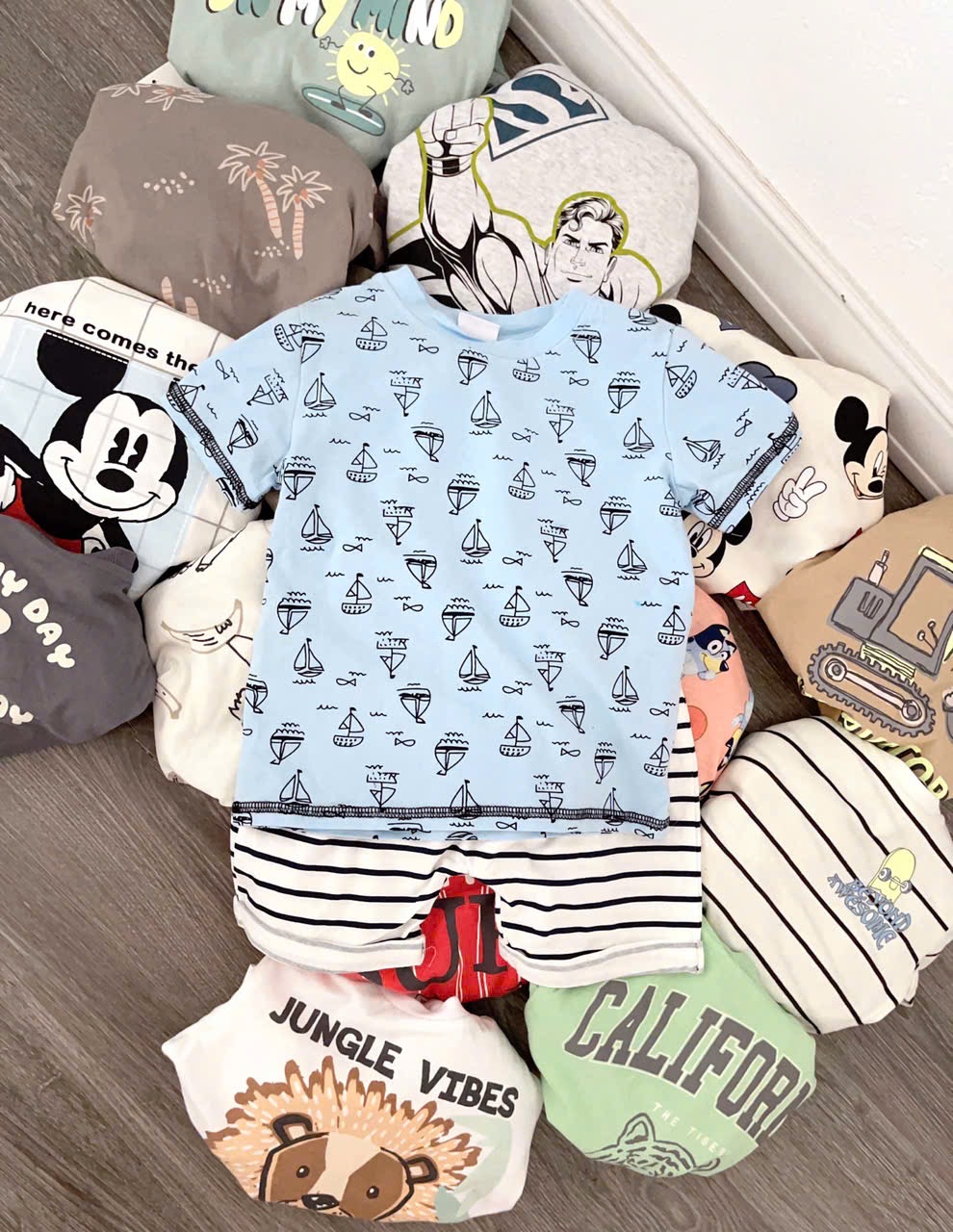 Bộ cotton hoạ tiết Mickey, thuyền buồm cho bé trai size 1-6y